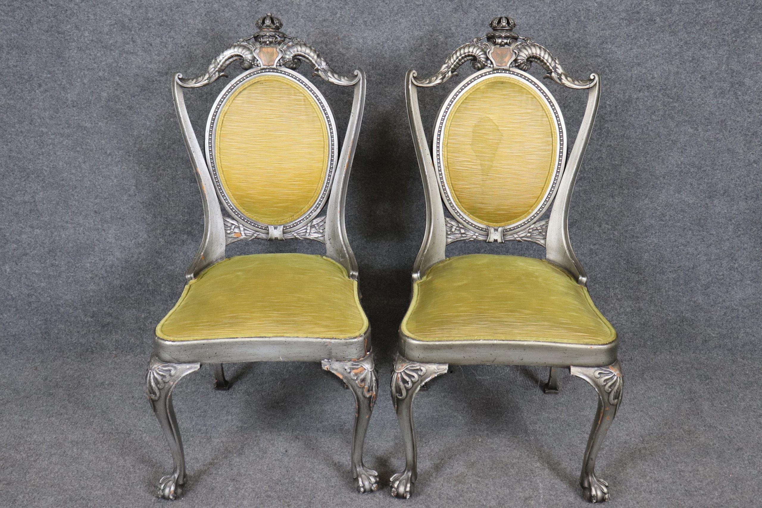 Antique Set of 12 English Carved Silver Gilt Ball and Claw Dining Side Chairs, Conference Chairs - Image 4
