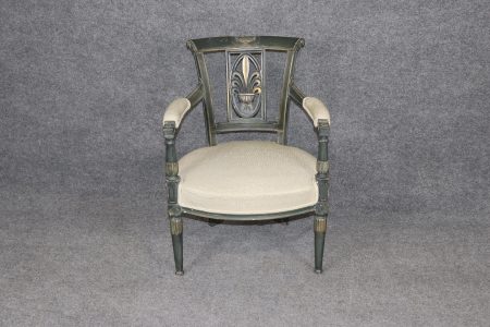 French Louis XVI Style Carved Paint Decorated and Distressed Armchair, Vintage Armchair