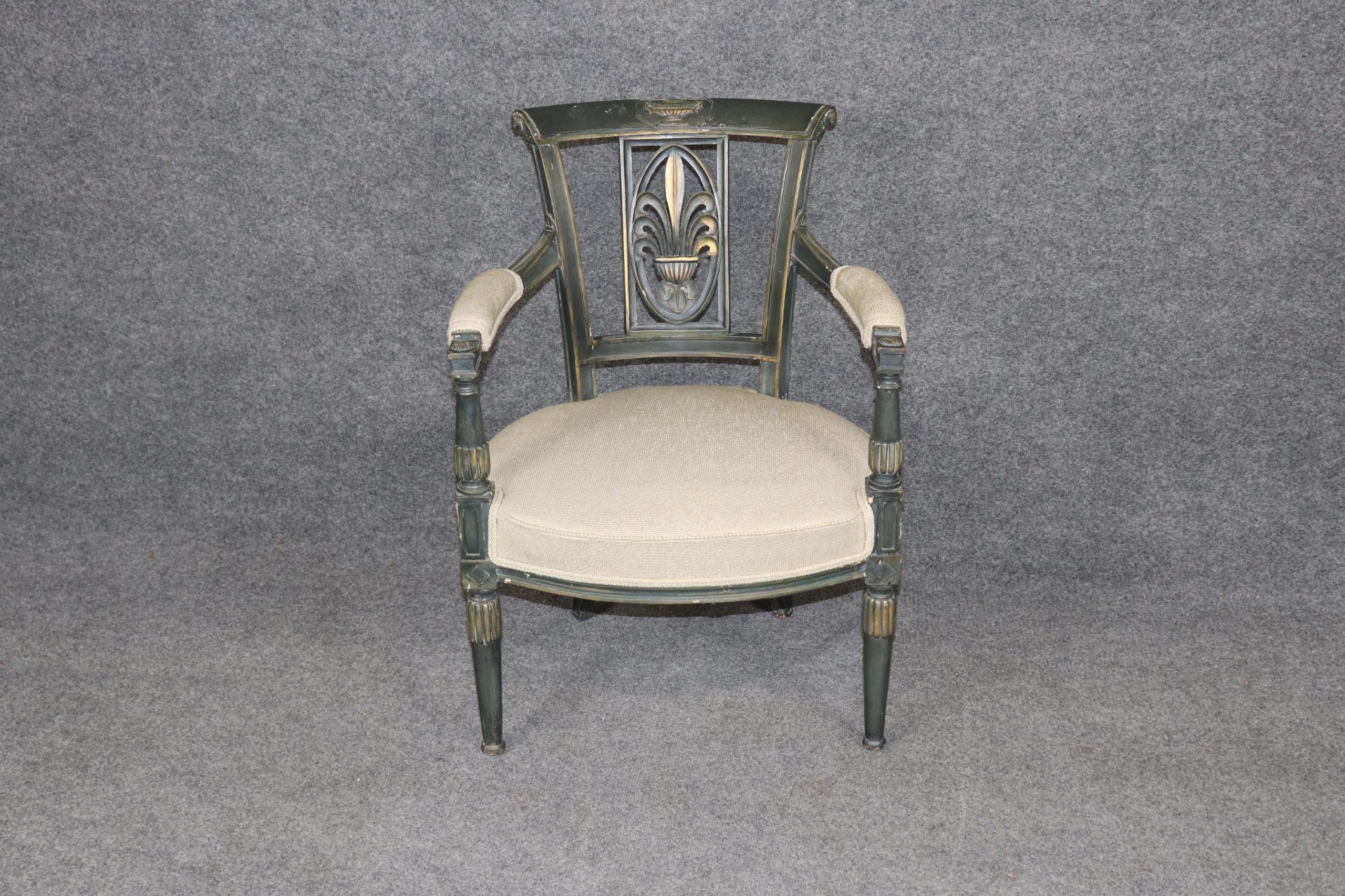 French Louis XVI Style Carved Paint Decorated and Distressed Armchair, Vintage Armchair