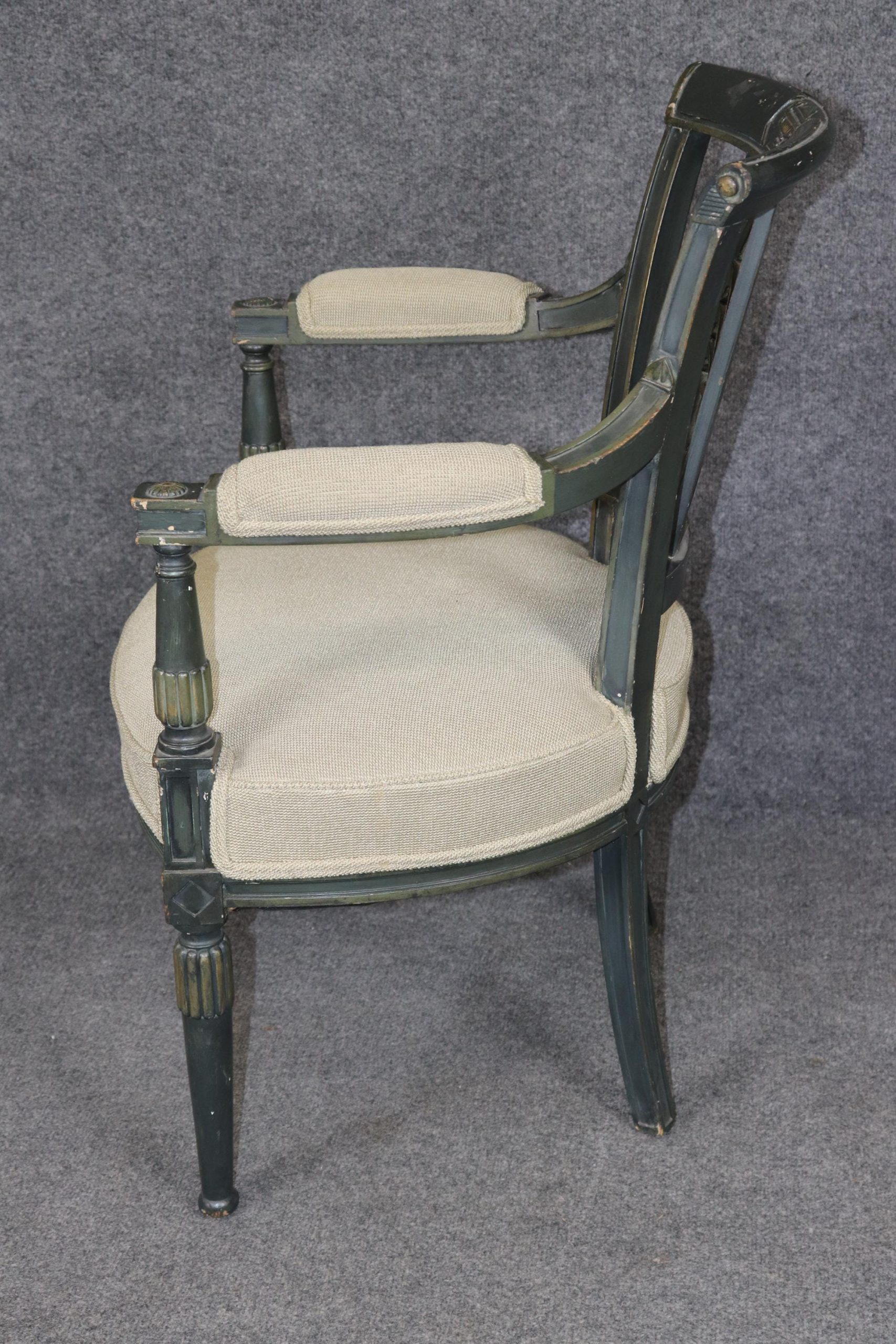 French Louis XVI Style Carved Paint Decorated and Distressed Armchair, Vintage Armchair - Image 5