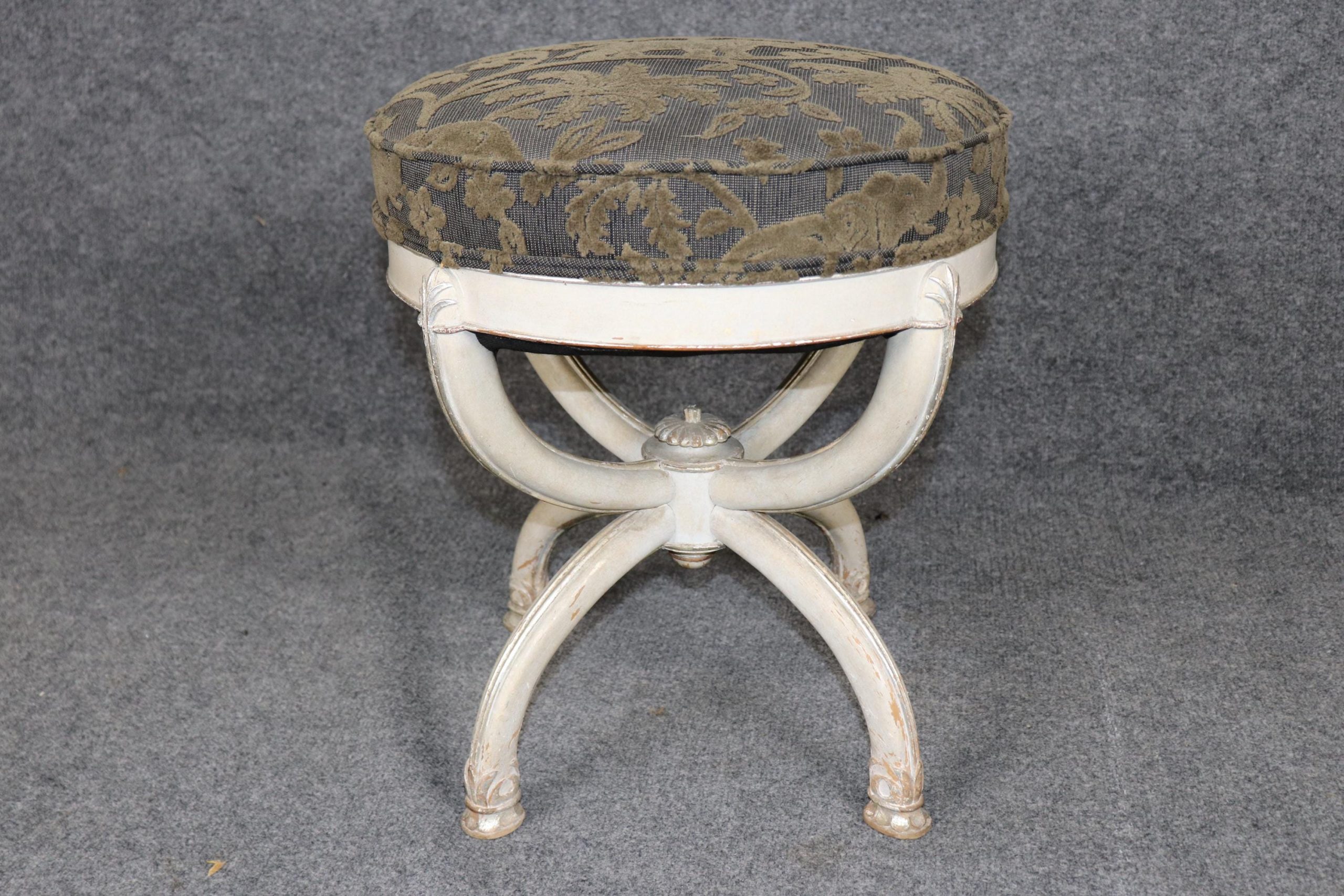 Vintage Directoire Style Paint Decorated and Silver Gilt Bench attributed to Maison Jansen, Stool - Image 2