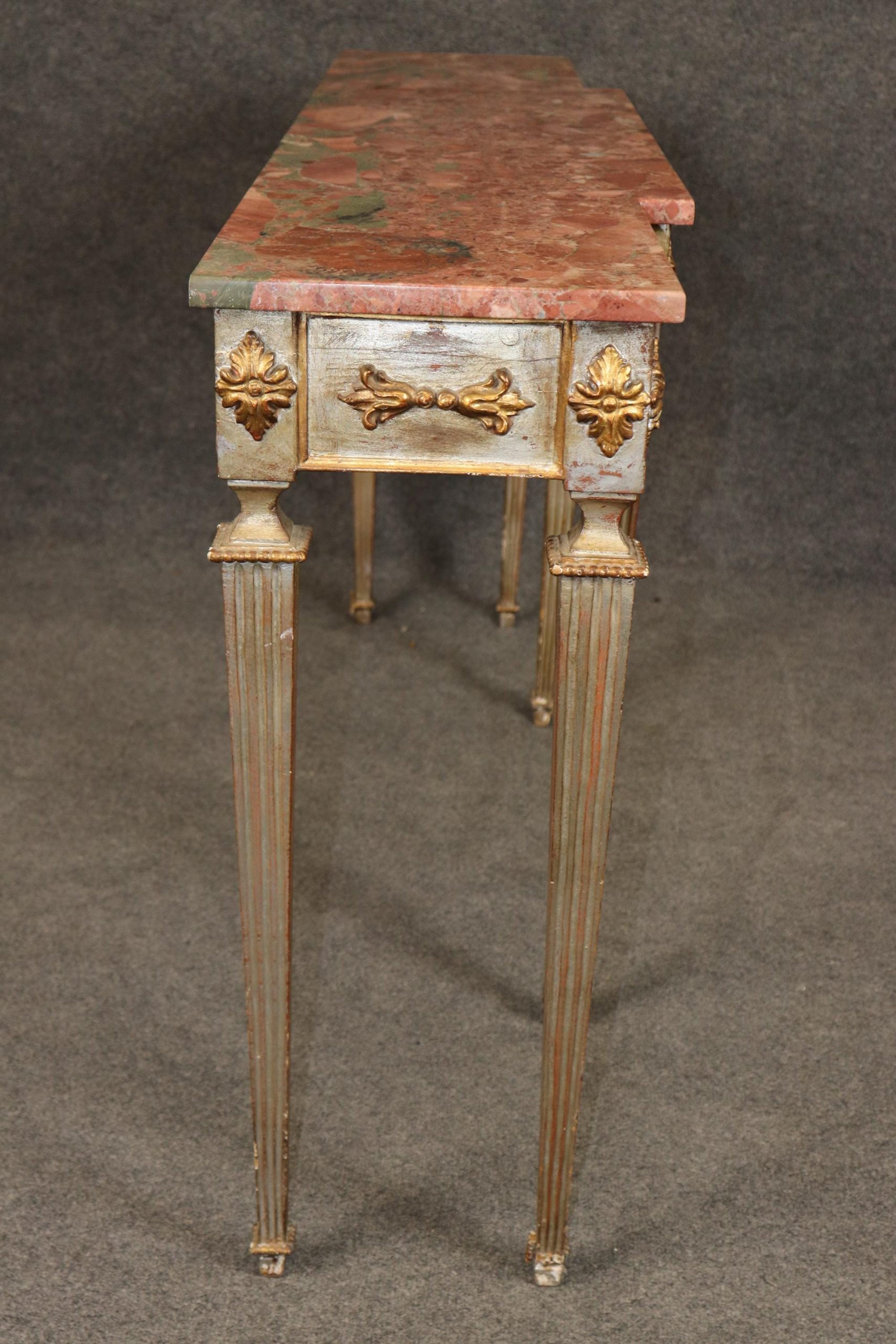 Italian Louis XVI Style Silver and Gold Gilt Marble Top Console Table - Sofa Table - Image 2
