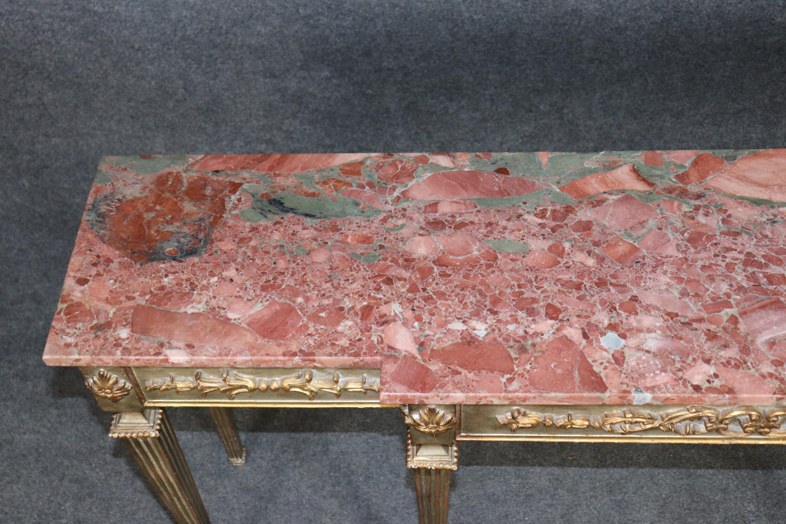 Italian Louis XVI Style Silver and Gold Gilt Marble Top Console Table - Sofa Table - Image 5