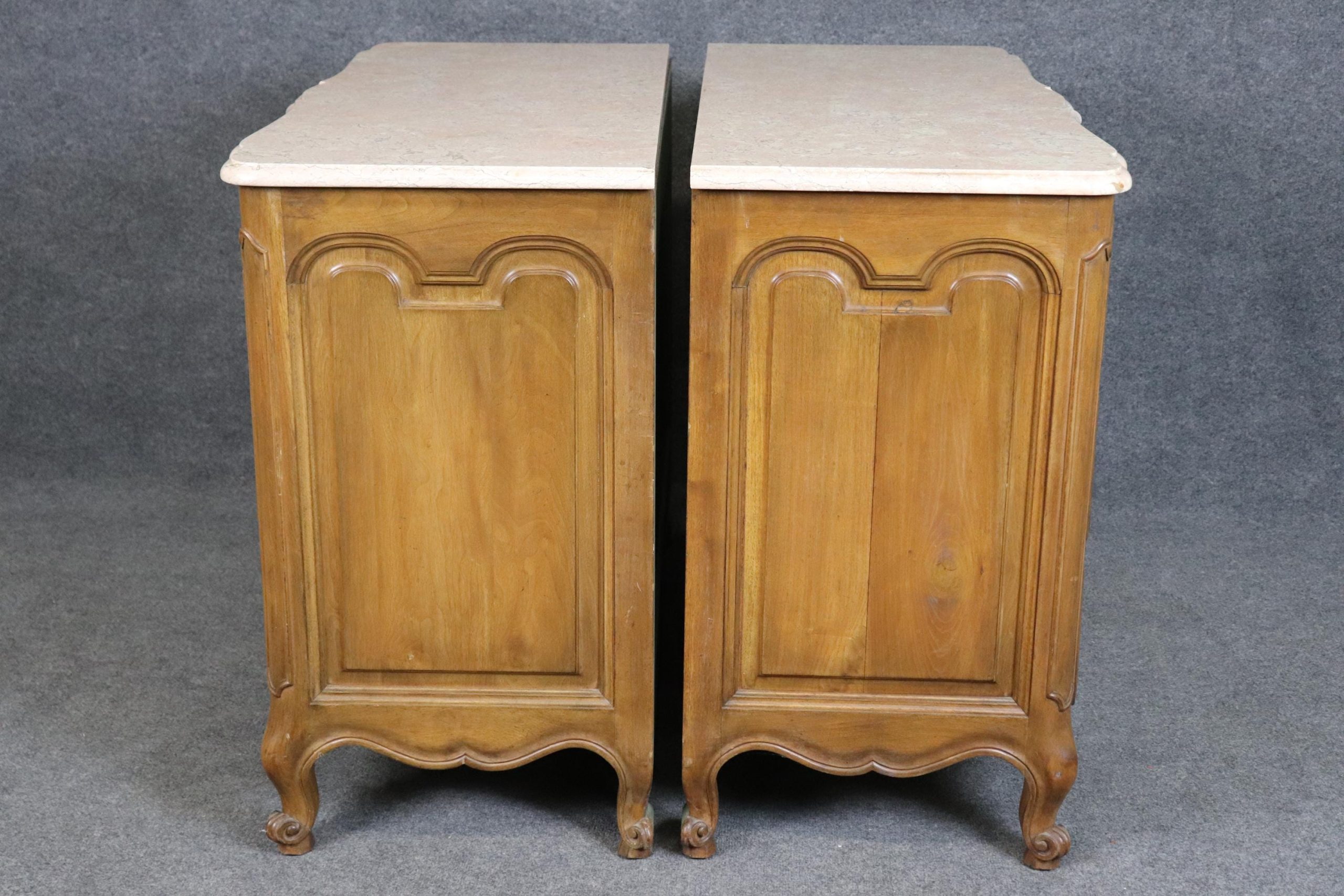 1960s Pair of Country French Louis XV Style Marble Top Commodes, Dressers - Image 2