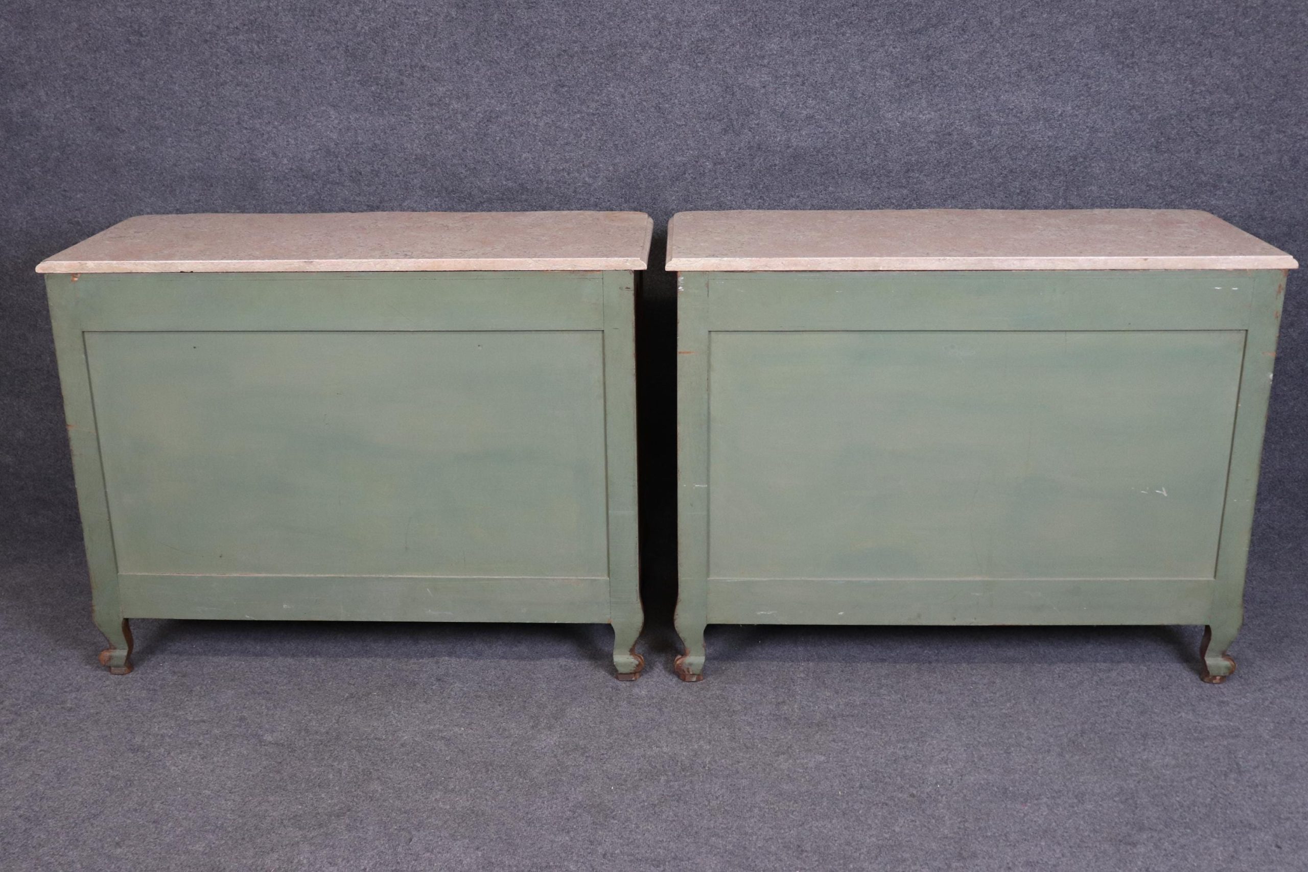 1960s Pair of Country French Louis XV Style Marble Top Commodes, Dressers - Image 3
