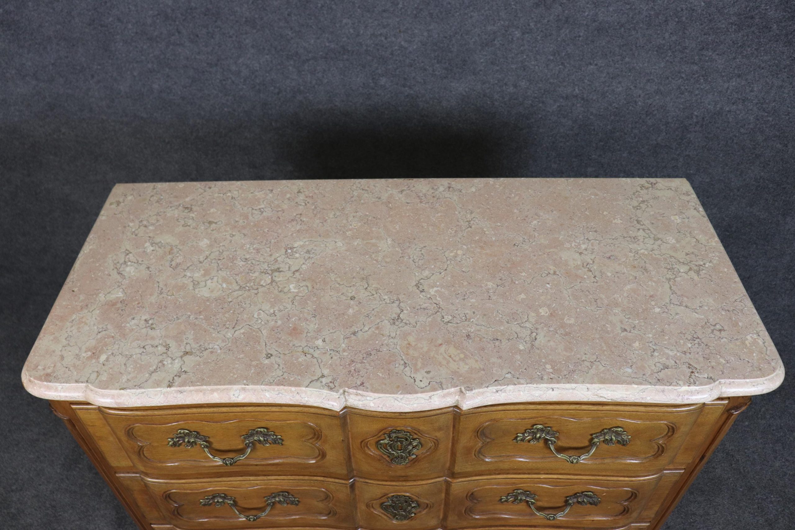 1960s Pair of Country French Louis XV Style Marble Top Commodes, Dressers - Image 6