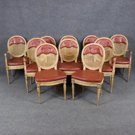 Set of 10 Vintage Louis XVI Style Cane Leather Upholstered Dining Room Chairs, Conference Room Chairs