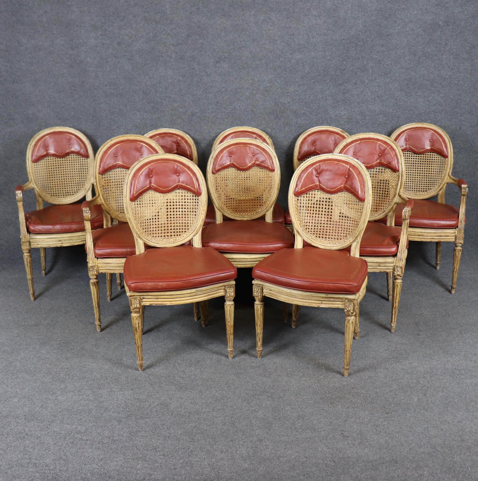 Set of 10 Vintage Louis XVI Style Cane Leather Upholstered Dining Room Chairs, Conference Room Chairs
