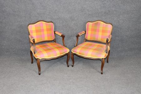Pair of Louis XV Style Carved Walnut Armchairs, Accent Chairs