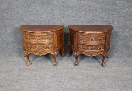 Pair of Vintage Georgian Style 2 Drawer Carved Demilune Nightstands, End Tables