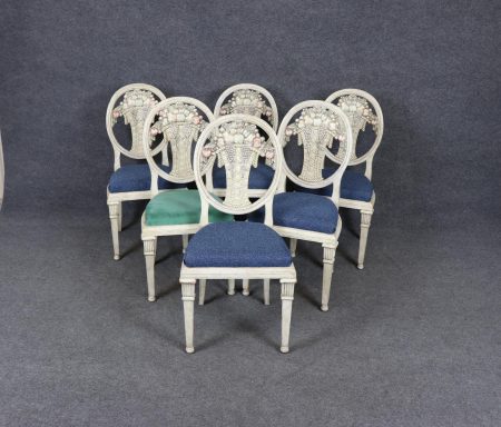 Vintage Set of 6 Directoire Style Paint Decorated Side Chairs, Dining Chairs