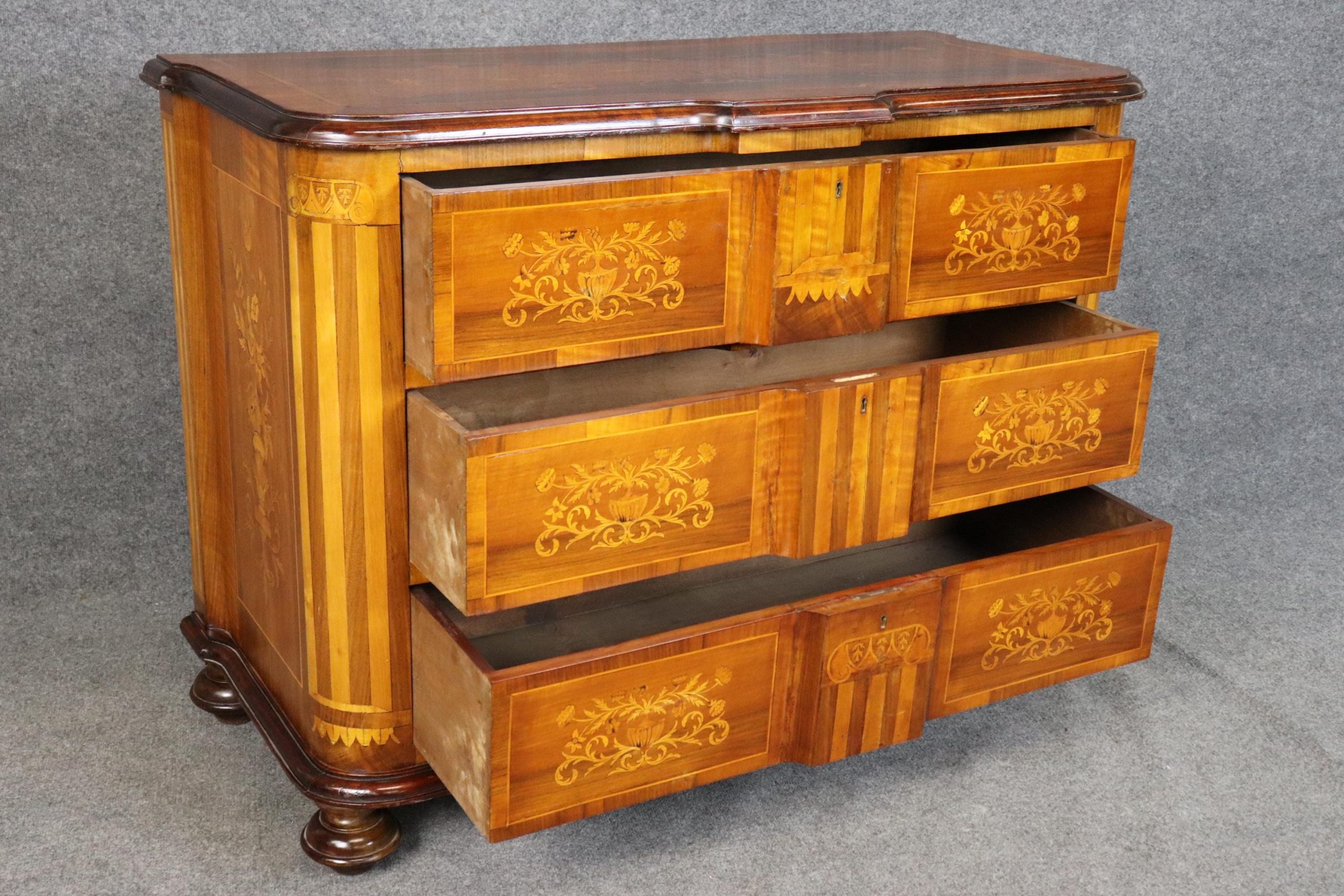 Antique Turn of the Century Italian Marquetry Inlaid 3 Drawer Commode, Chest of Drawers - Image 4