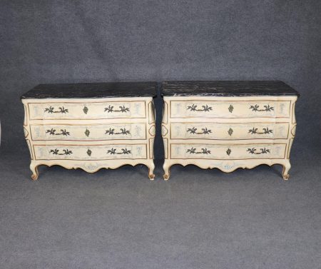 Mid Century Pair of Venetian Style Paint Decorated Portoro Marble Top Commodes by John Widdicomb, Dressers