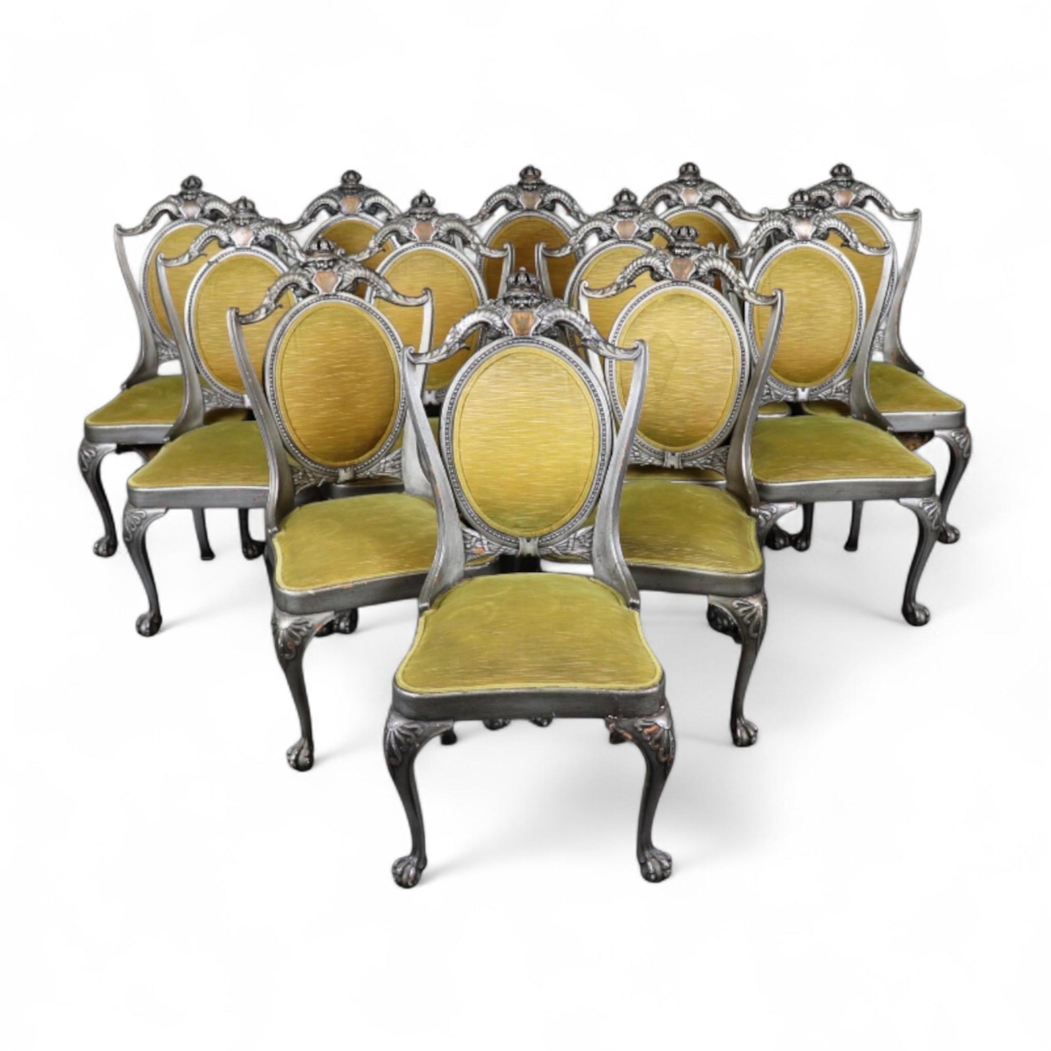 Antique Set of 12 English Carved Silver Gilt Ball and Claw Dining Side Chairs, Conference Chairs