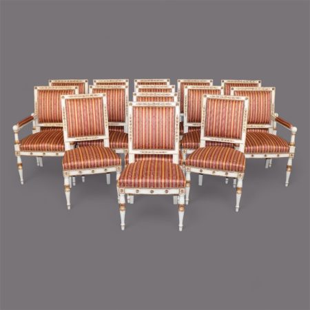 Vintage Set of 14 French Empire Style Paint Decorated and Carved Gilt Dining Room Chairs, Conference Room Chairs