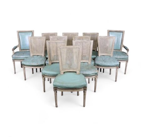 Set of 12 1930s Antique Louis XVI Style Maison Jansen Distressed Paint Decorated Dining Room Chairs, Dining Room Furniture