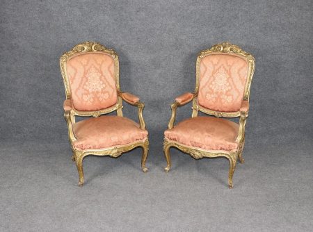 Pair of French Antique Turn of the Century Louis XV Style Carved Gold Gilt Armchairs, Accent Chairs