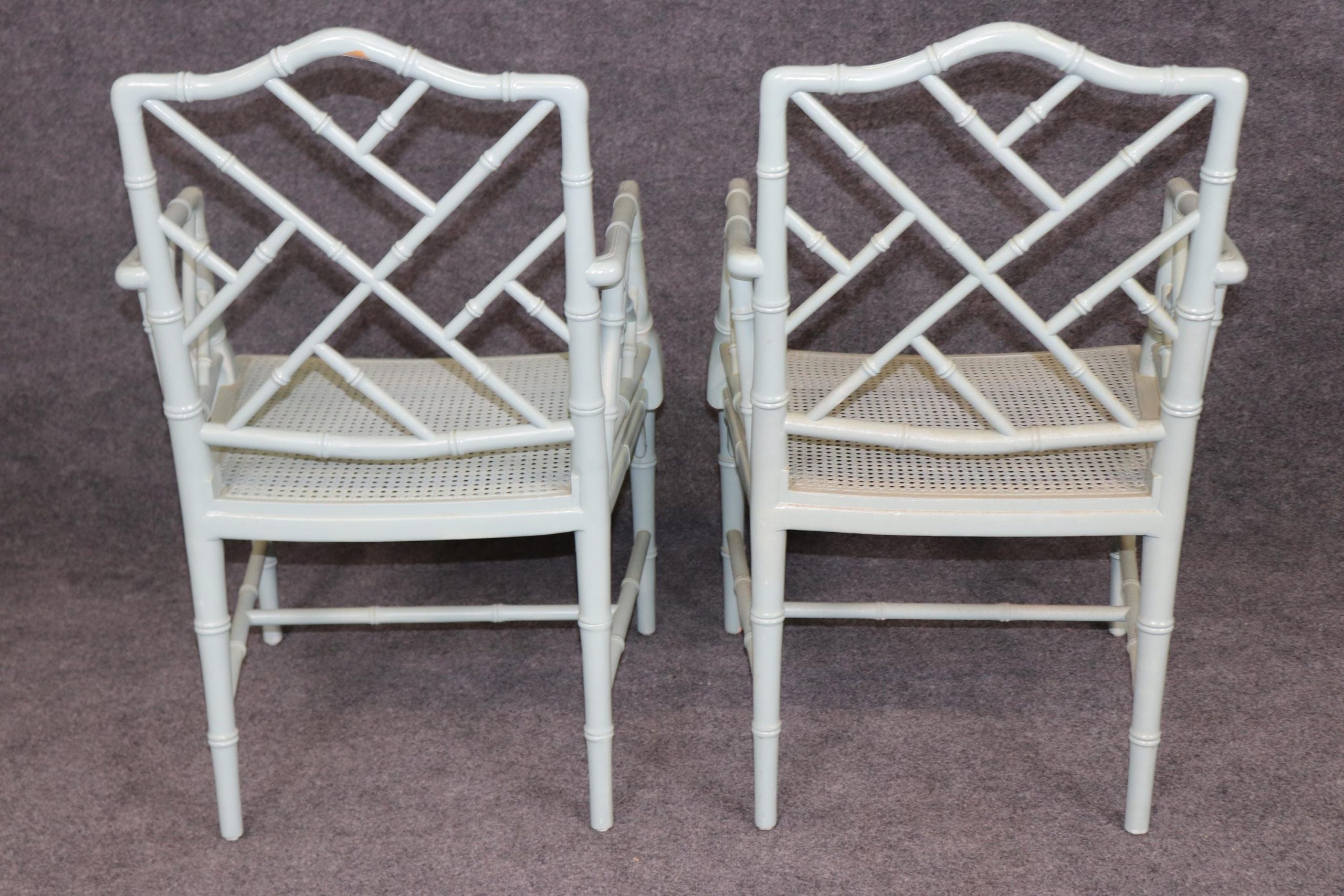 Vintage Set of 8 Hollywood Regency Style Blue Paint Decorated Faux Bamboo Cane Bottom Dining Room Chairs, Kitchen Chairs - Image 5