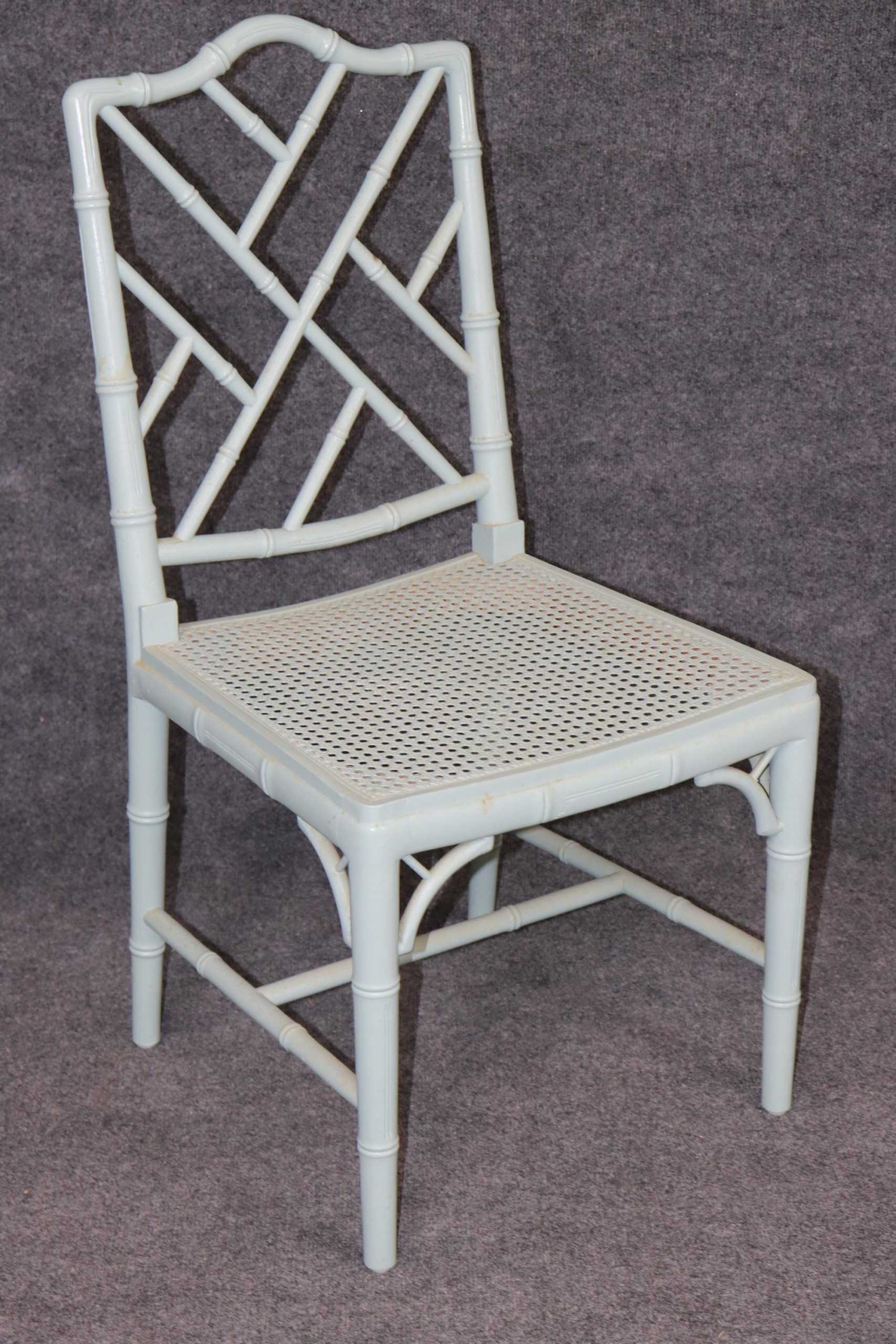 Vintage Set of 8 Hollywood Regency Style Blue Paint Decorated Faux Bamboo Cane Bottom Dining Room Chairs, Kitchen Chairs - Image 7