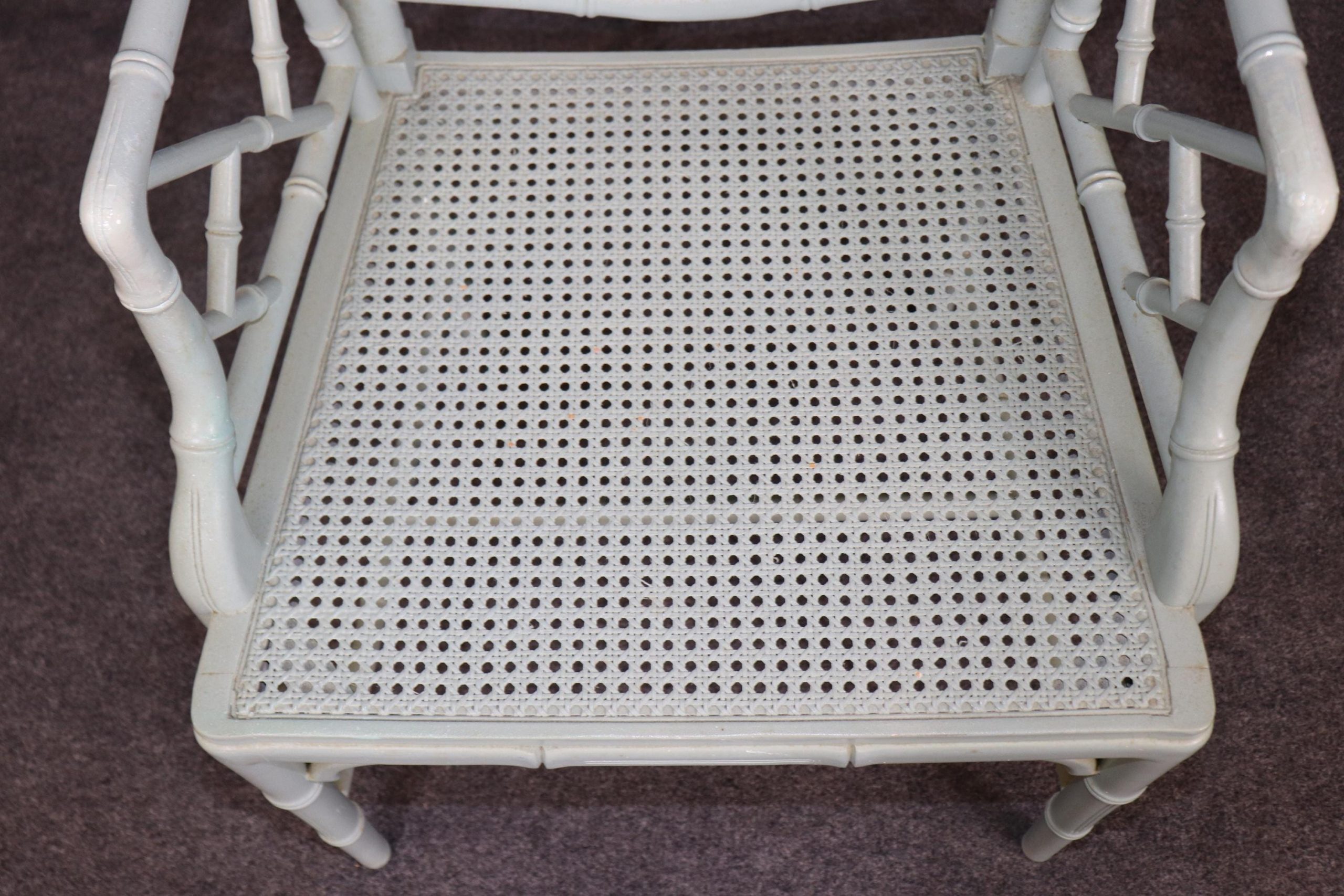 Vintage Set of 8 Hollywood Regency Style Blue Paint Decorated Faux Bamboo Cane Bottom Dining Room Chairs, Kitchen Chairs - Image 10