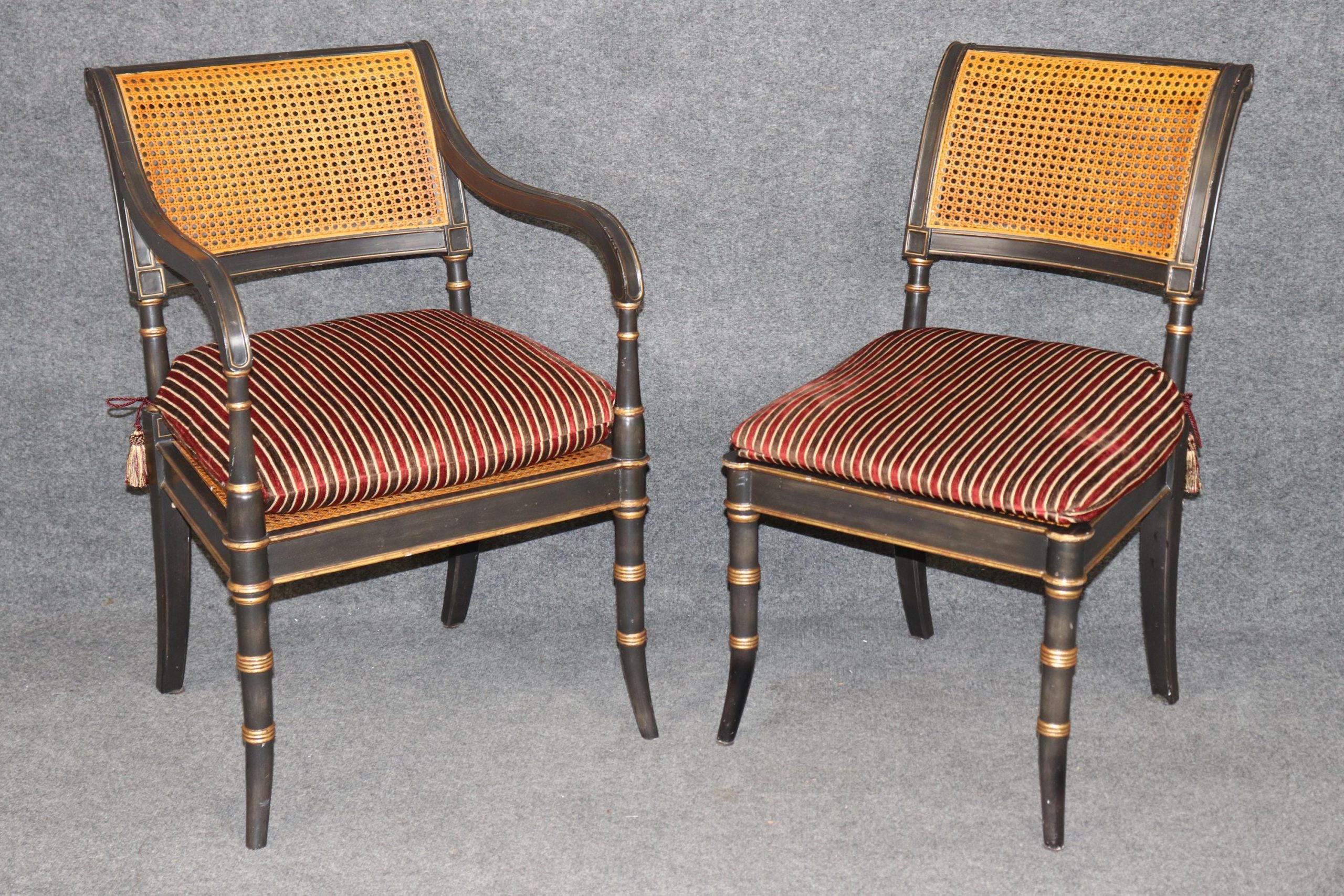 8 Alfonso Marina Ebonized and Gilt Regency Style Dining Chairs, Kitchen Chairs - Image 2