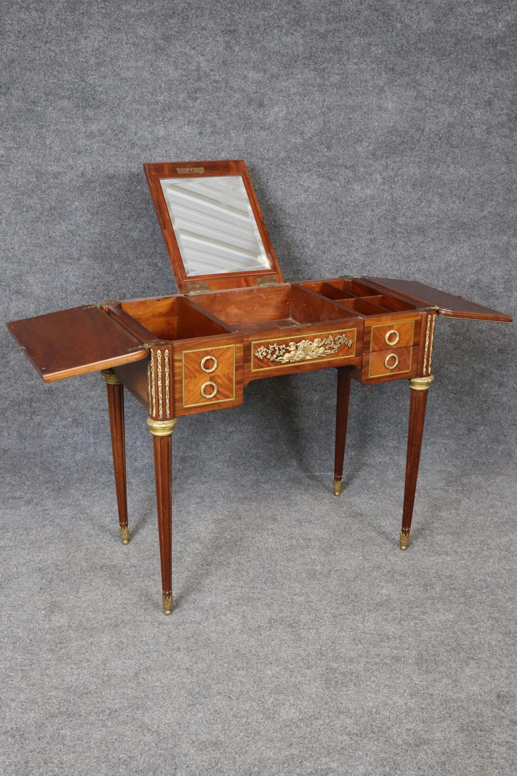 French Louis XVI Style Antique Vanity Desk: Bronze Mounted Marquetry - Image 5