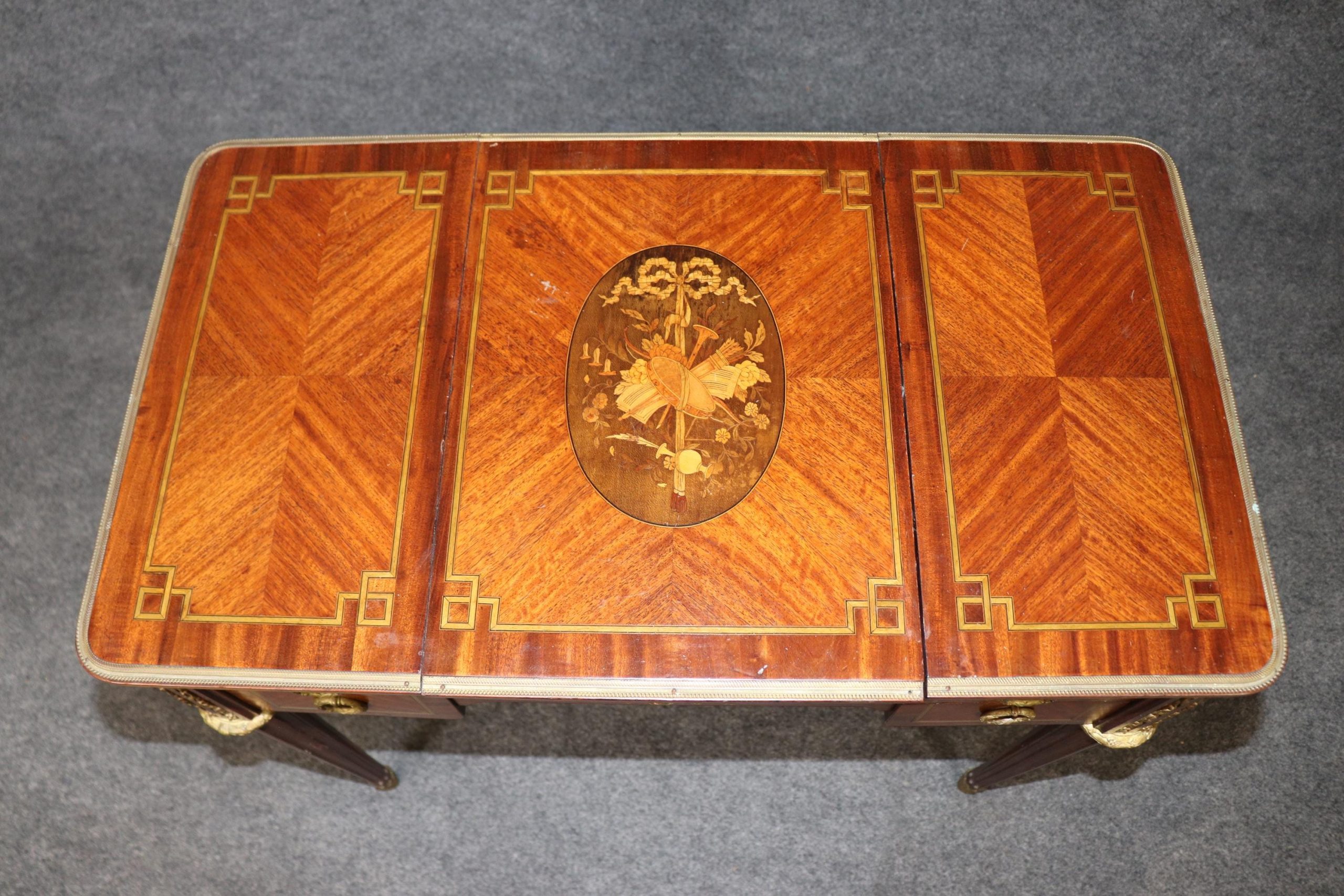 French Louis XVI Style Antique Vanity Desk: Bronze Mounted Marquetry - Image 8