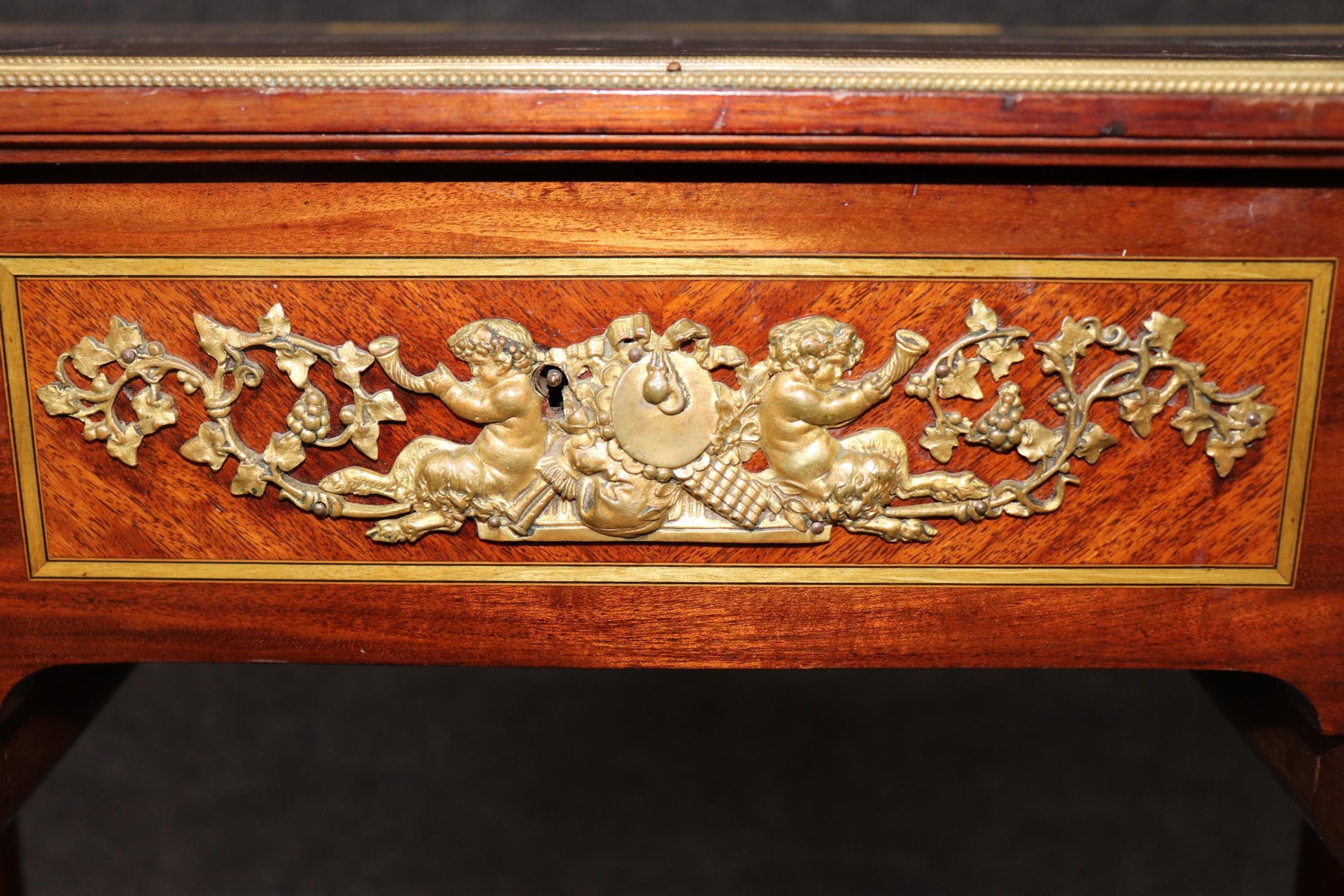 French Louis XVI Style Antique Vanity Desk: Bronze Mounted Marquetry - Image 10