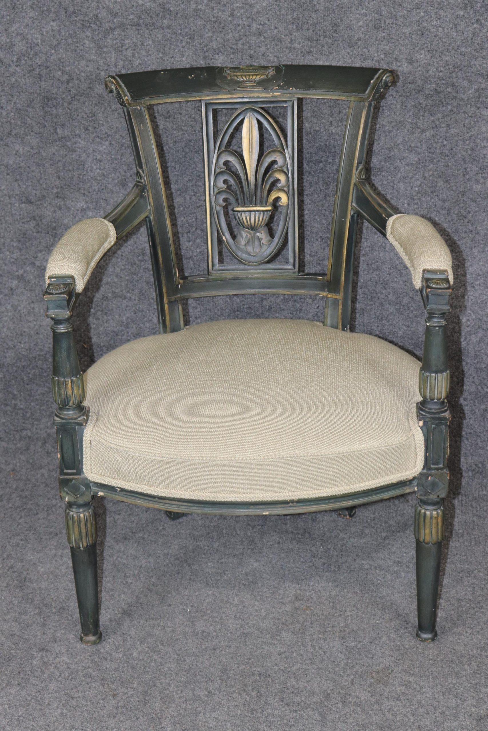 French Louis XVI Style Carved Paint Decorated and Distressed Armchair, Vintage Armchair - Image 2