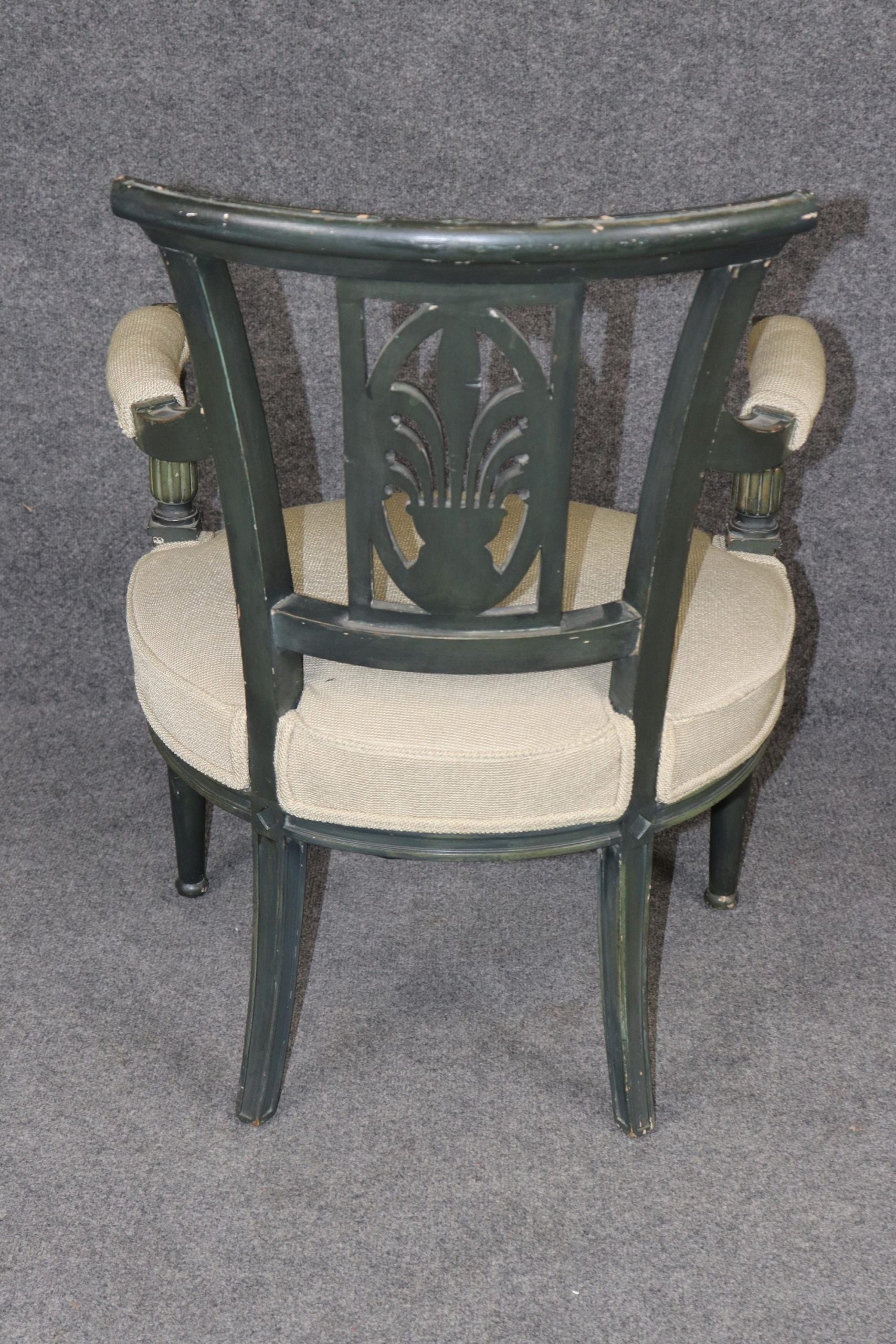 French Louis XVI Style Carved Paint Decorated and Distressed Armchair, Vintage Armchair - Image 4