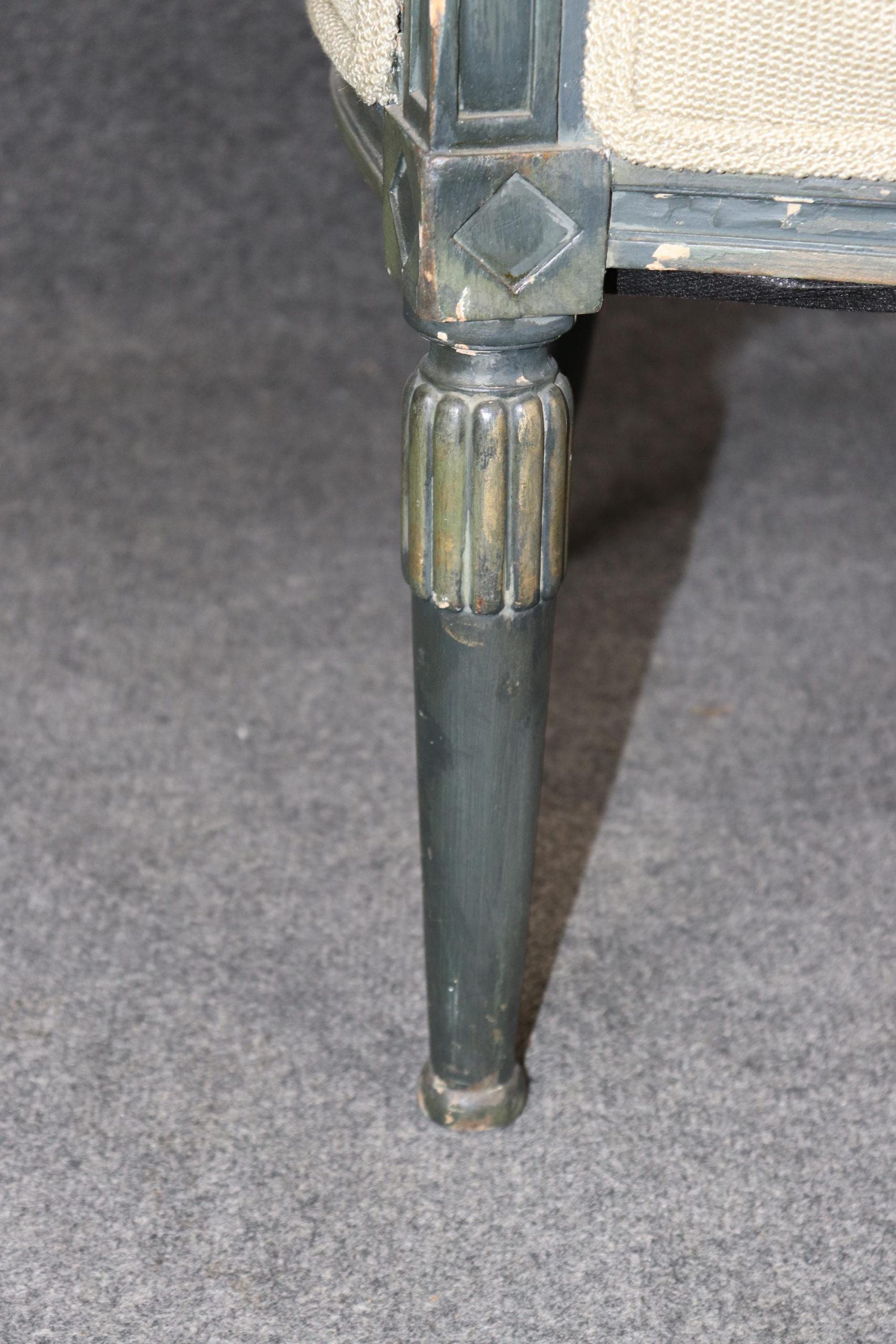 French Louis XVI Style Carved Paint Decorated and Distressed Armchair, Vintage Armchair - Image 6