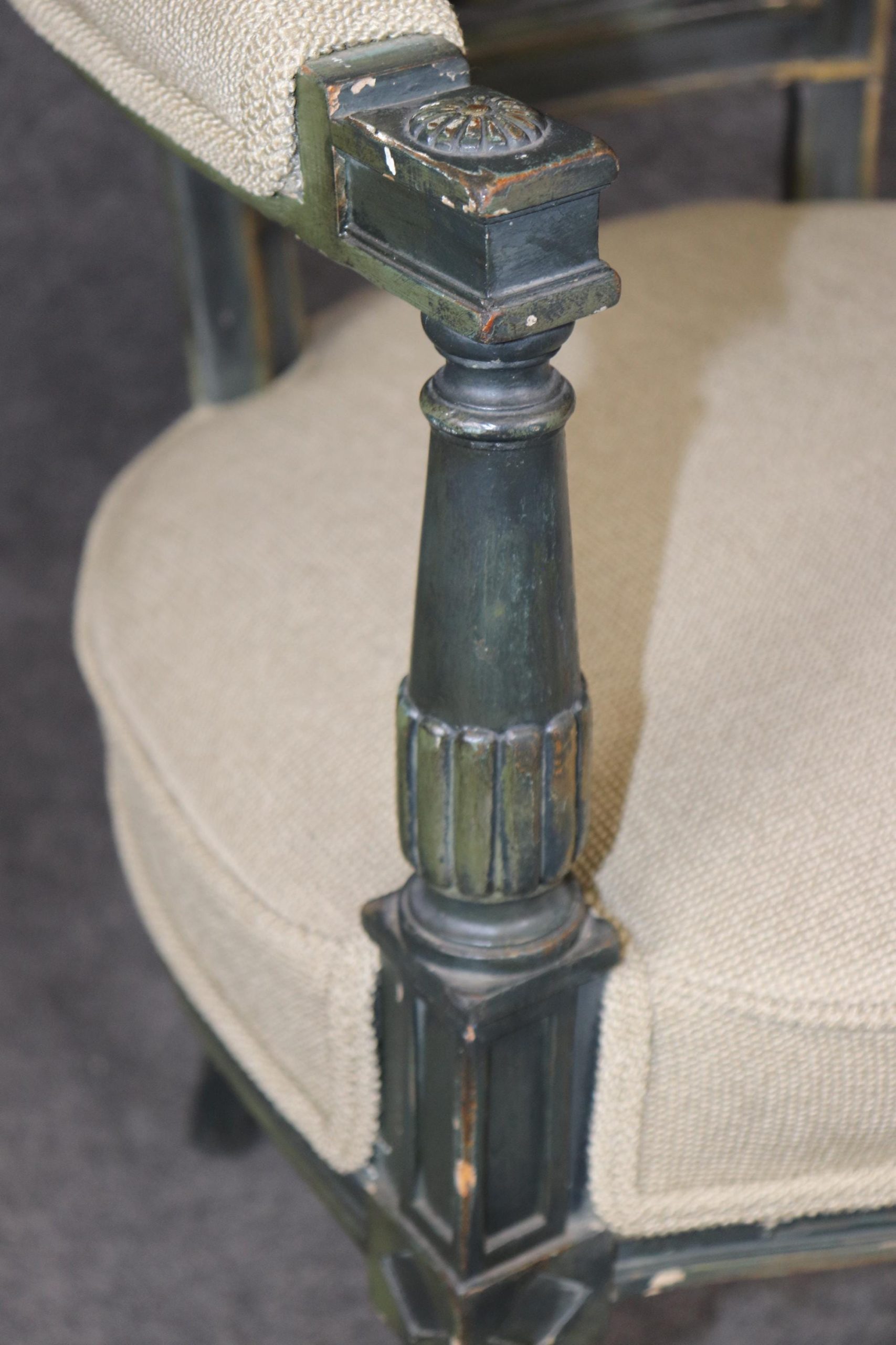 French Louis XVI Style Carved Paint Decorated and Distressed Armchair, Vintage Armchair - Image 7