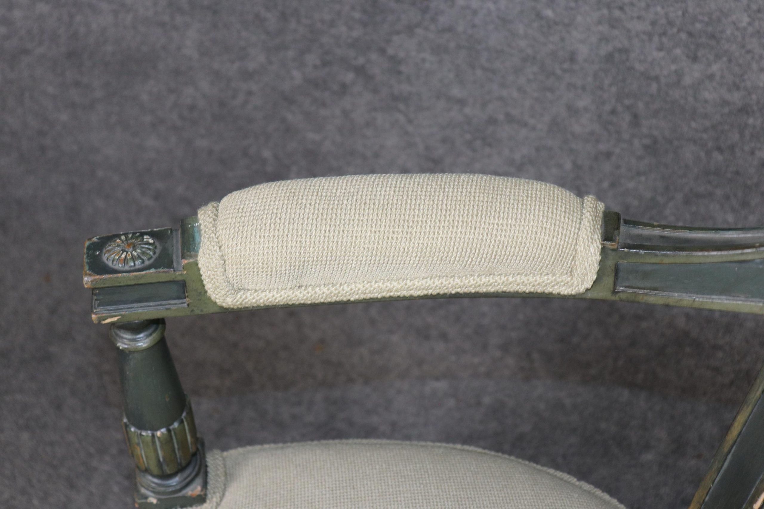 French Louis XVI Style Carved Paint Decorated and Distressed Armchair, Vintage Armchair - Image 10