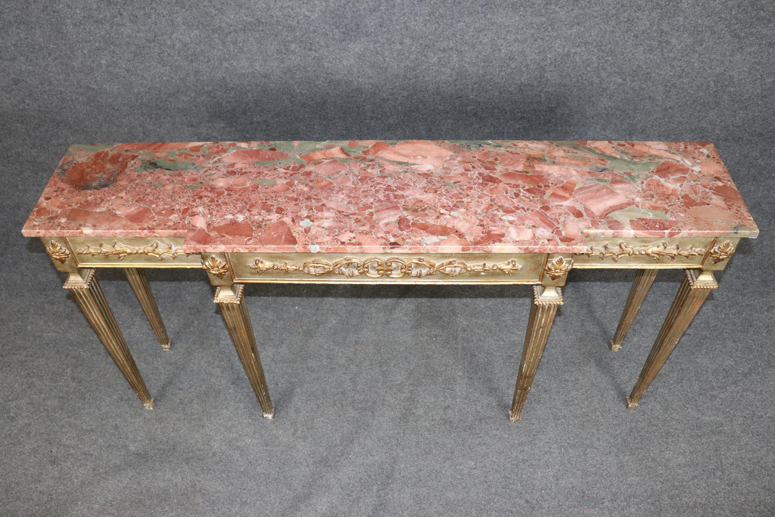 Italian Louis XVI Style Silver and Gold Gilt Marble Top Console Table - Sofa Table - Image 4
