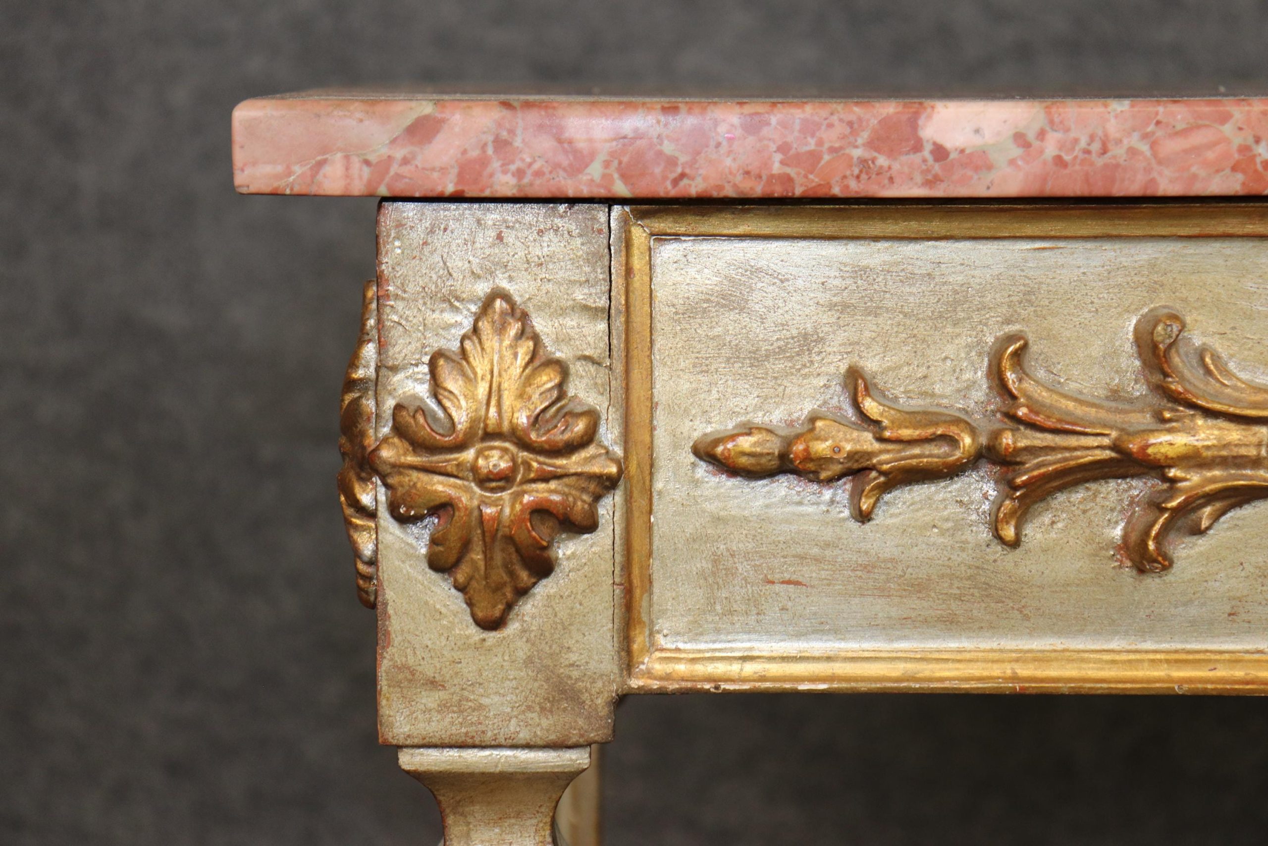 Italian Louis XVI Style Silver and Gold Gilt Marble Top Console Table - Sofa Table - Image 8
