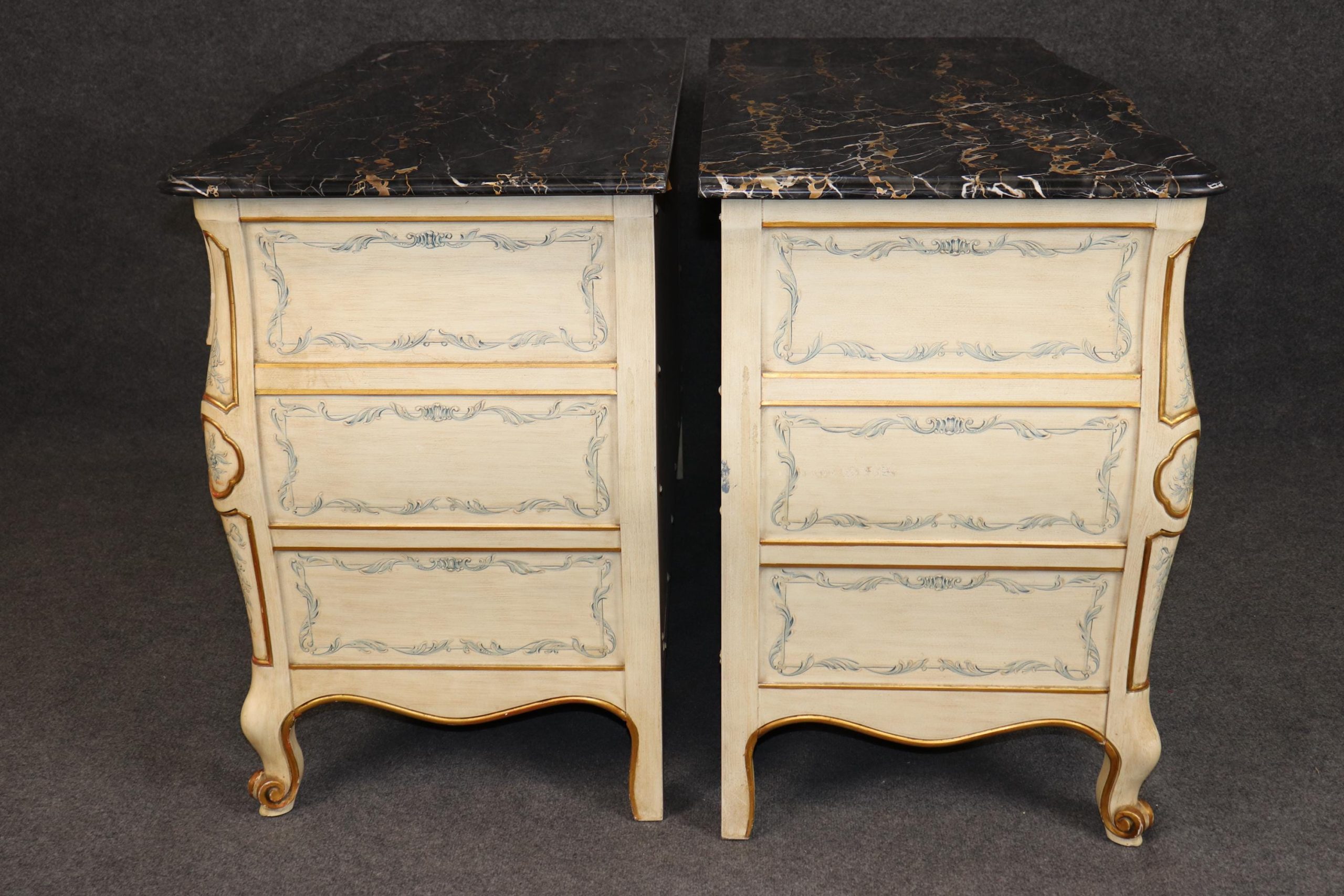 Mid Century Pair of Venetian Style Paint Decorated Portoro Marble Top Commodes by John Widdicomb, Dressers - Image 2
