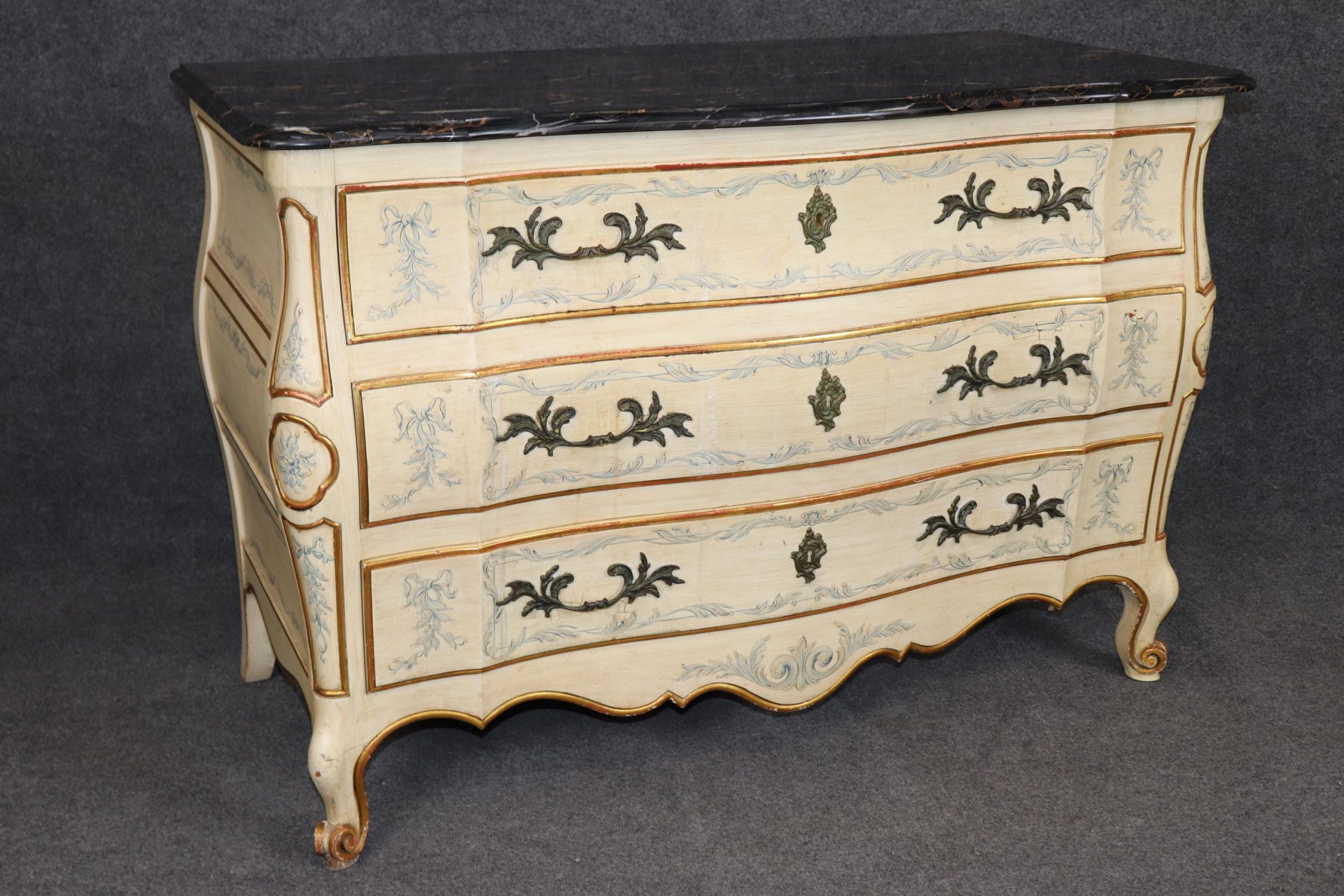 Mid Century Pair of Venetian Style Paint Decorated Portoro Marble Top Commodes by John Widdicomb, Dressers - Image 4