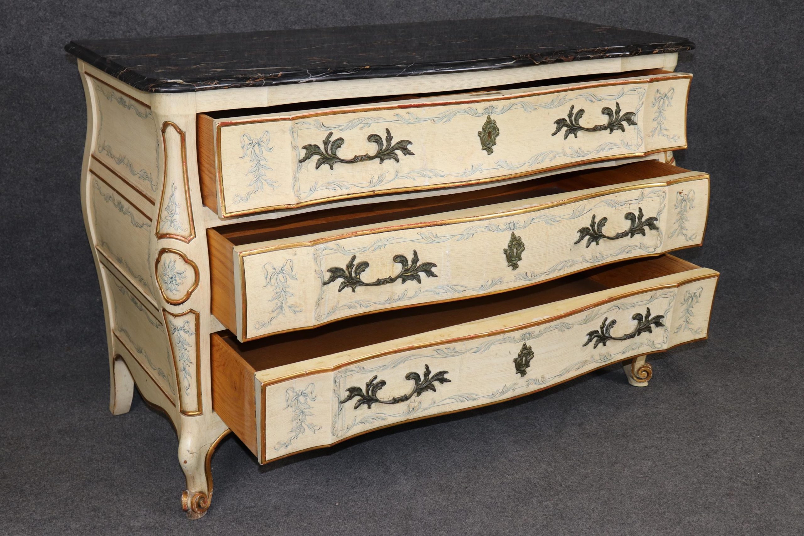 Mid Century Pair of Venetian Style Paint Decorated Portoro Marble Top Commodes by John Widdicomb, Dressers - Image 5