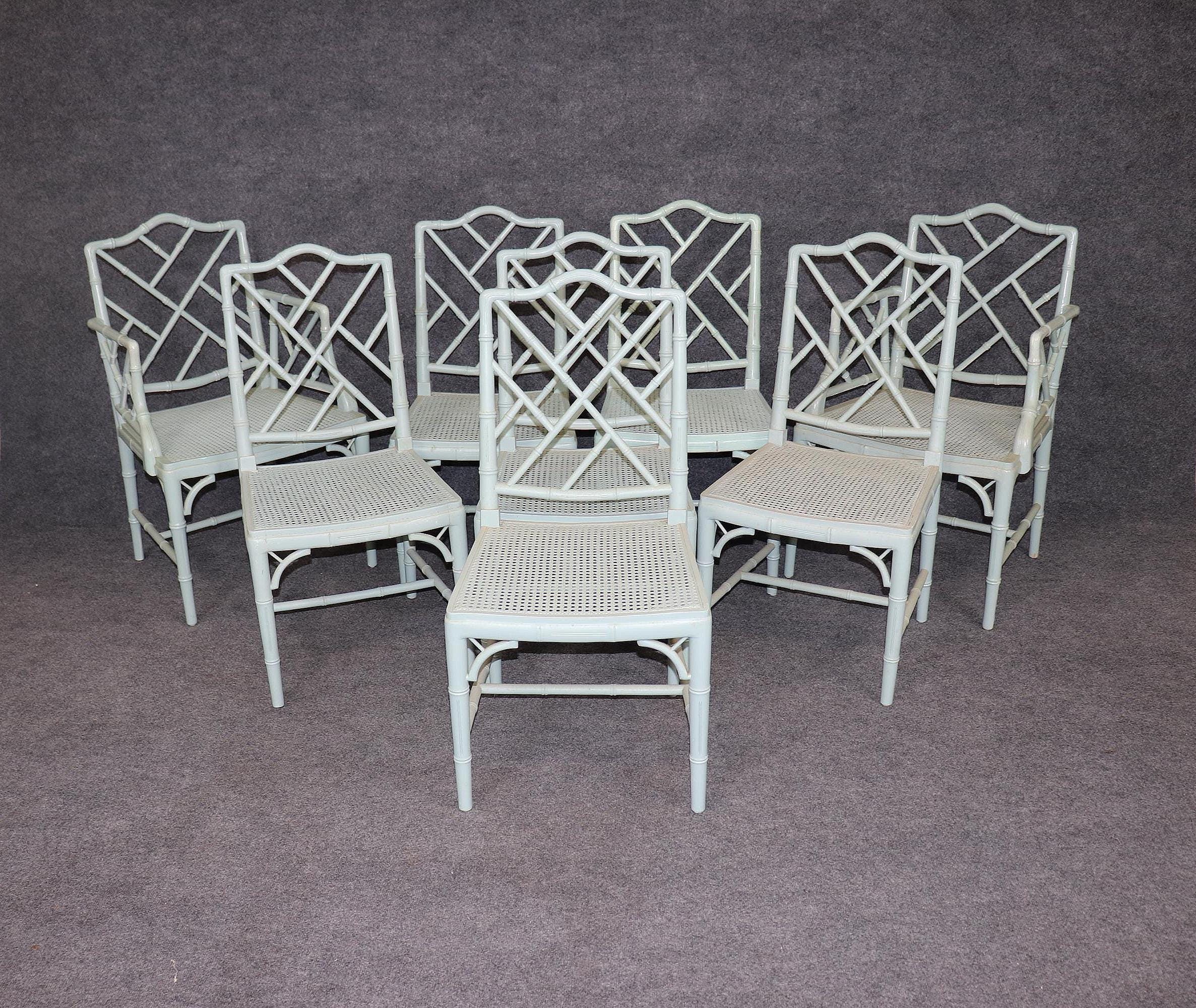 Vintage Set of 8 Hollywood Regency Style Blue Paint Decorated Faux Bamboo Cane Bottom Dining Room Chairs, Kitchen Chairs