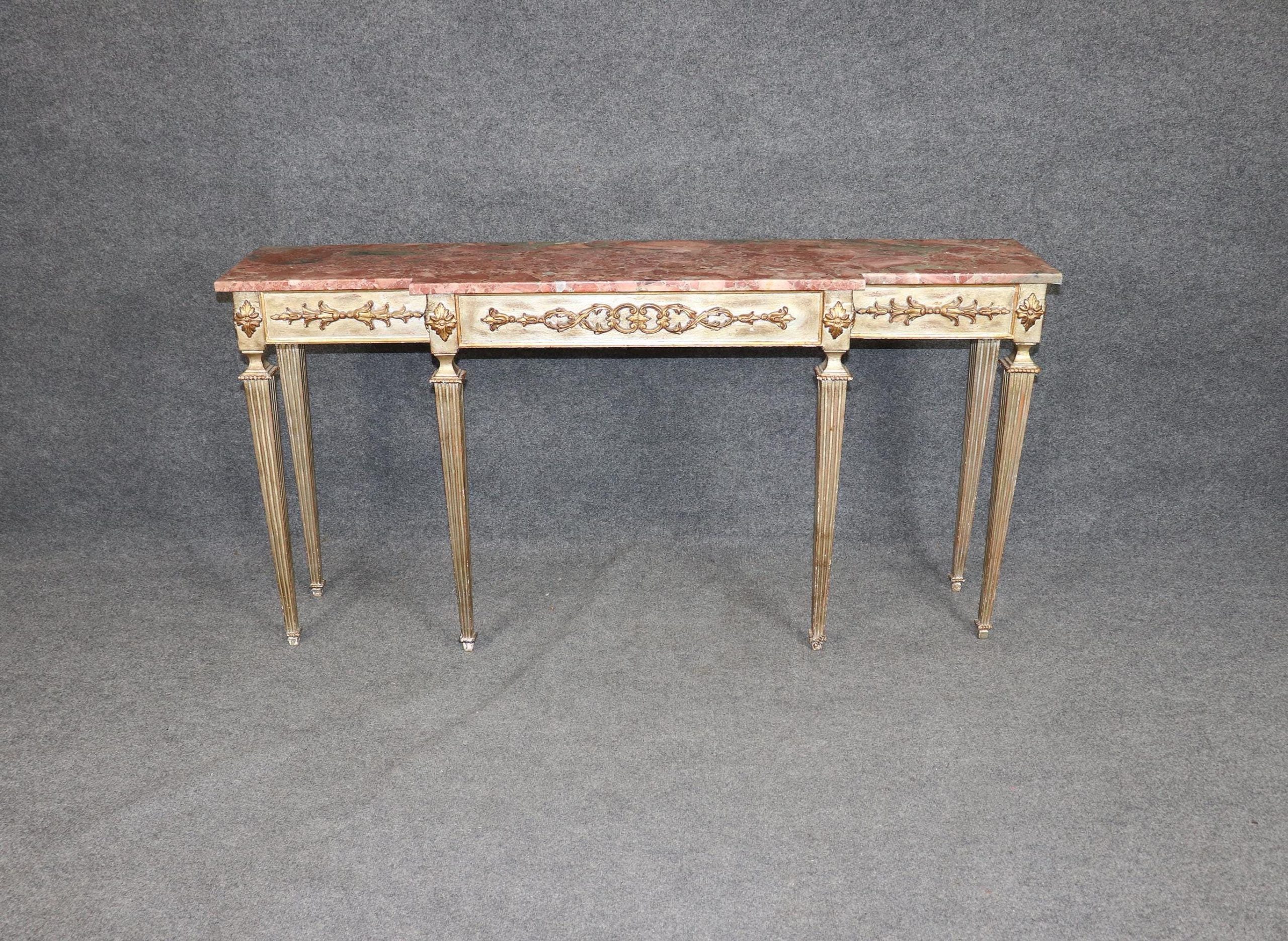 Italian Louis XVI Style Silver and Gold Gilt Marble Top Console Table - Sofa Table