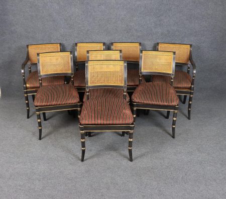 8 Alfonso Marina Ebonized and Gilt Regency Style Dining Chairs, Kitchen Chairs