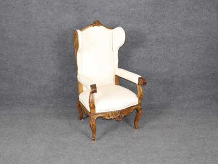 Mid Century Country French Carved Wingback Throne Chair, Armchair