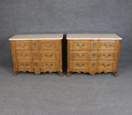1960s Pair of Country French Louis XV Style Marble Top Commodes, Dressers