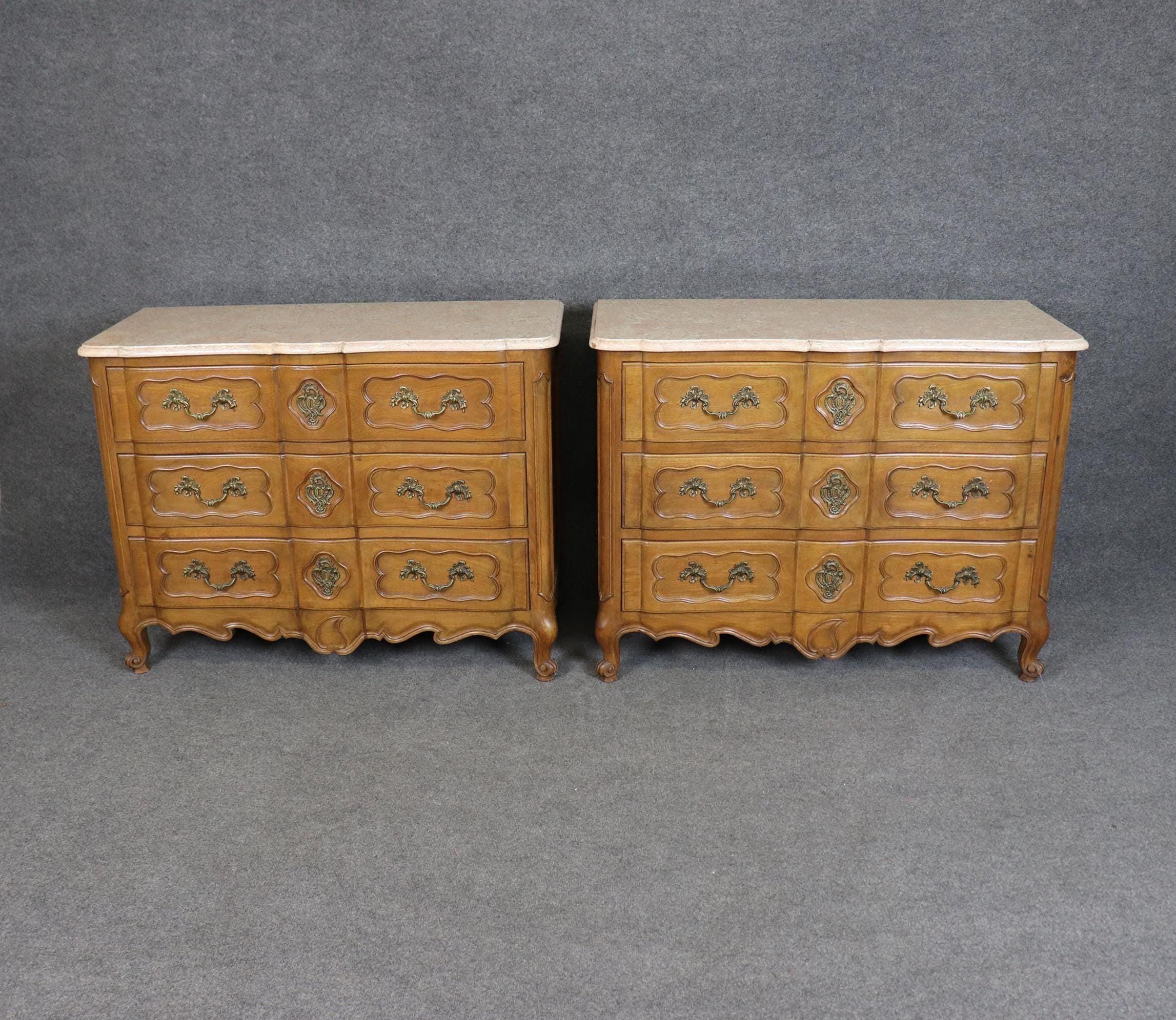 1960s Pair of Country French Louis XV Style Marble Top Commodes, Dressers