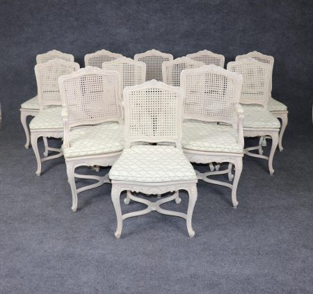 Set of 12 French Louis XV Style Pant Decorated Cane Back Dining Room Chairs