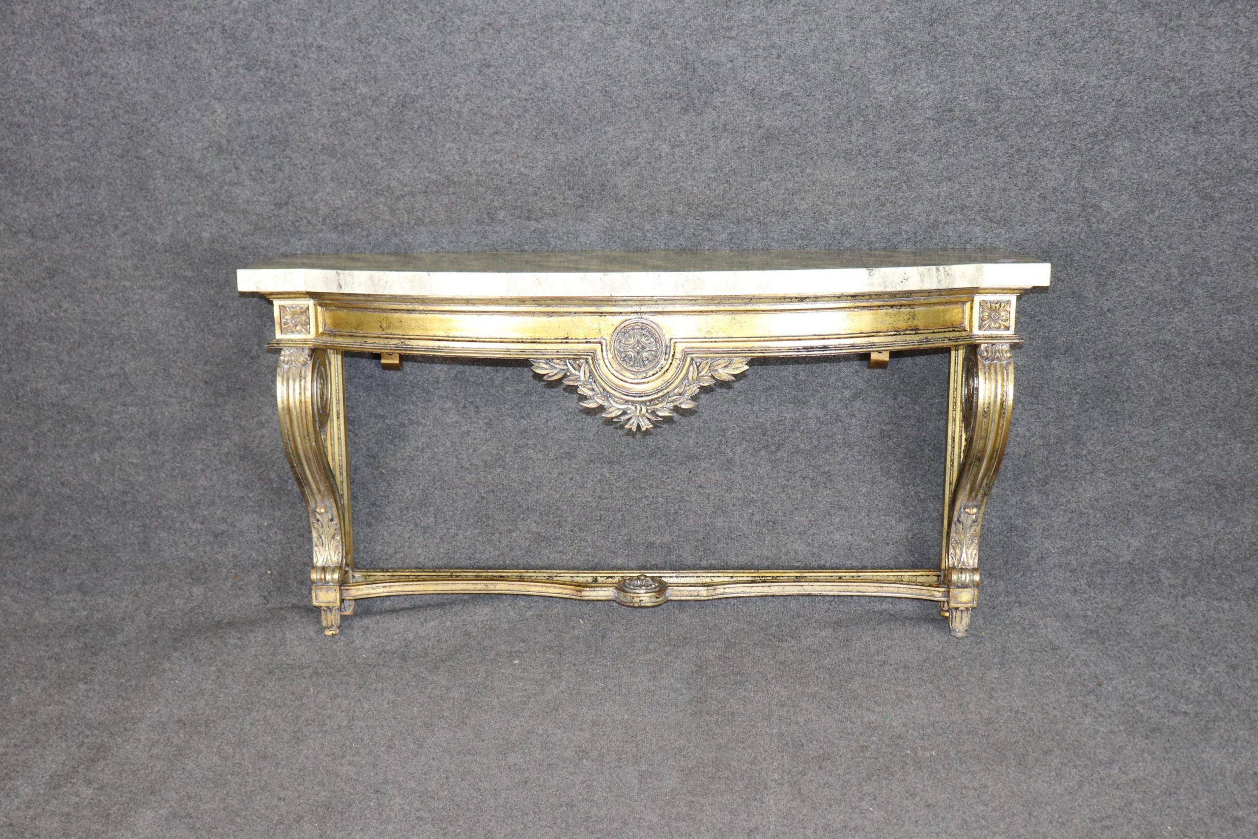 louis XVI Style Distressed Gold Gilt Faux Marble Top Wall Mounted Console Table, Entryway Table