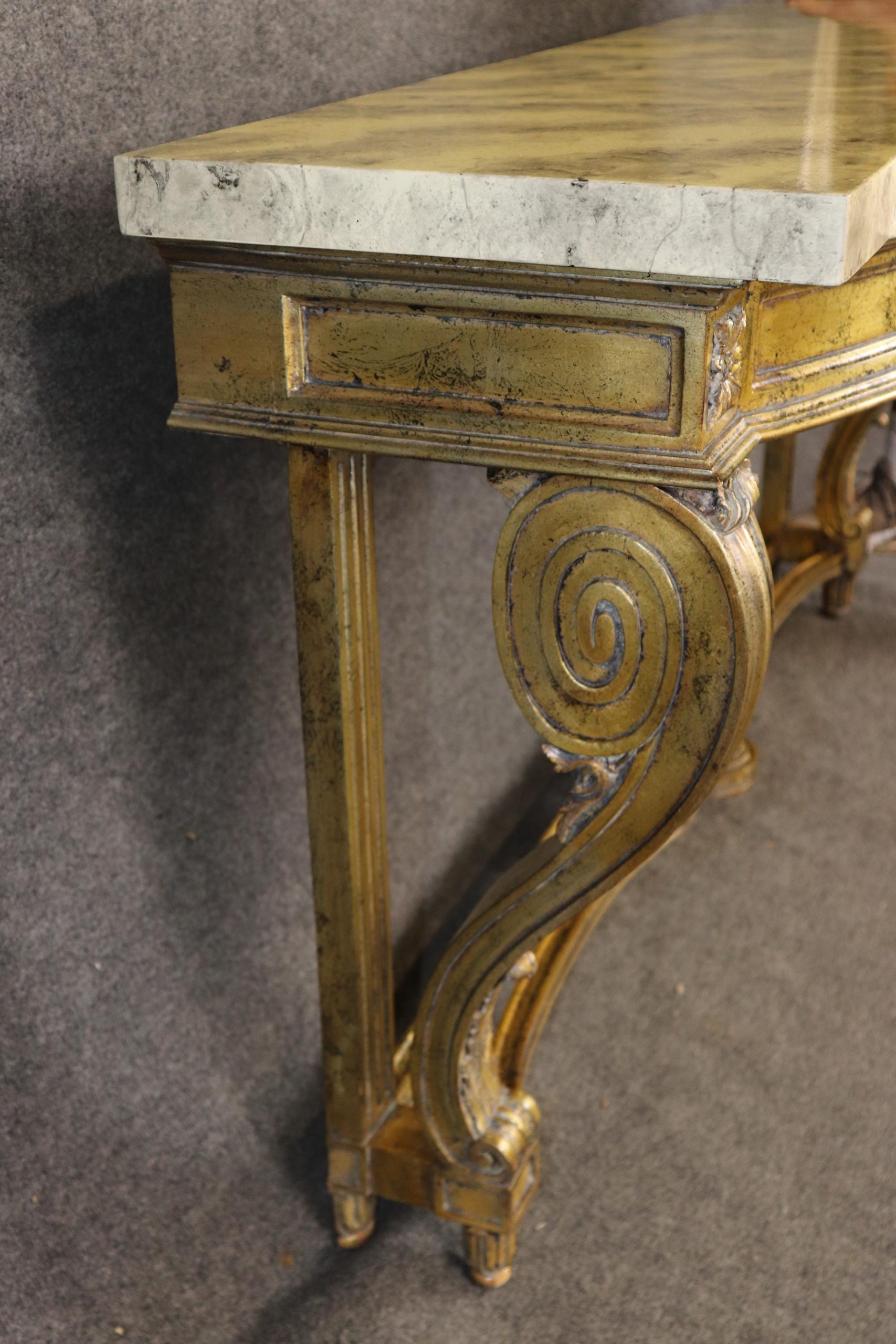 louis XVI Style Distressed Gold Gilt Faux Marble Top Wall Mounted Console Table, Entryway Table - Image 3