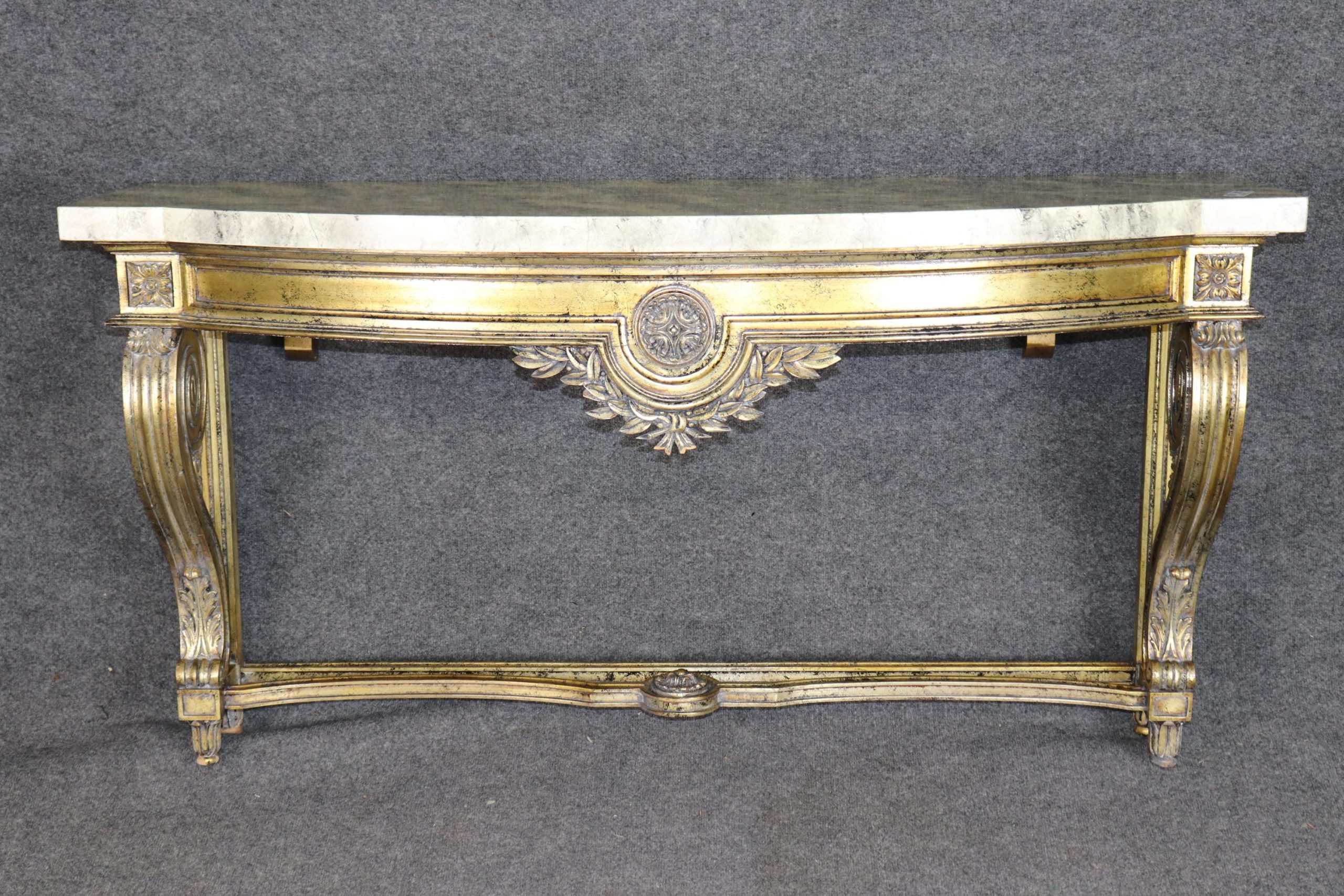 louis XVI Style Distressed Gold Gilt Faux Marble Top Wall Mounted Console Table, Entryway Table - Image 2