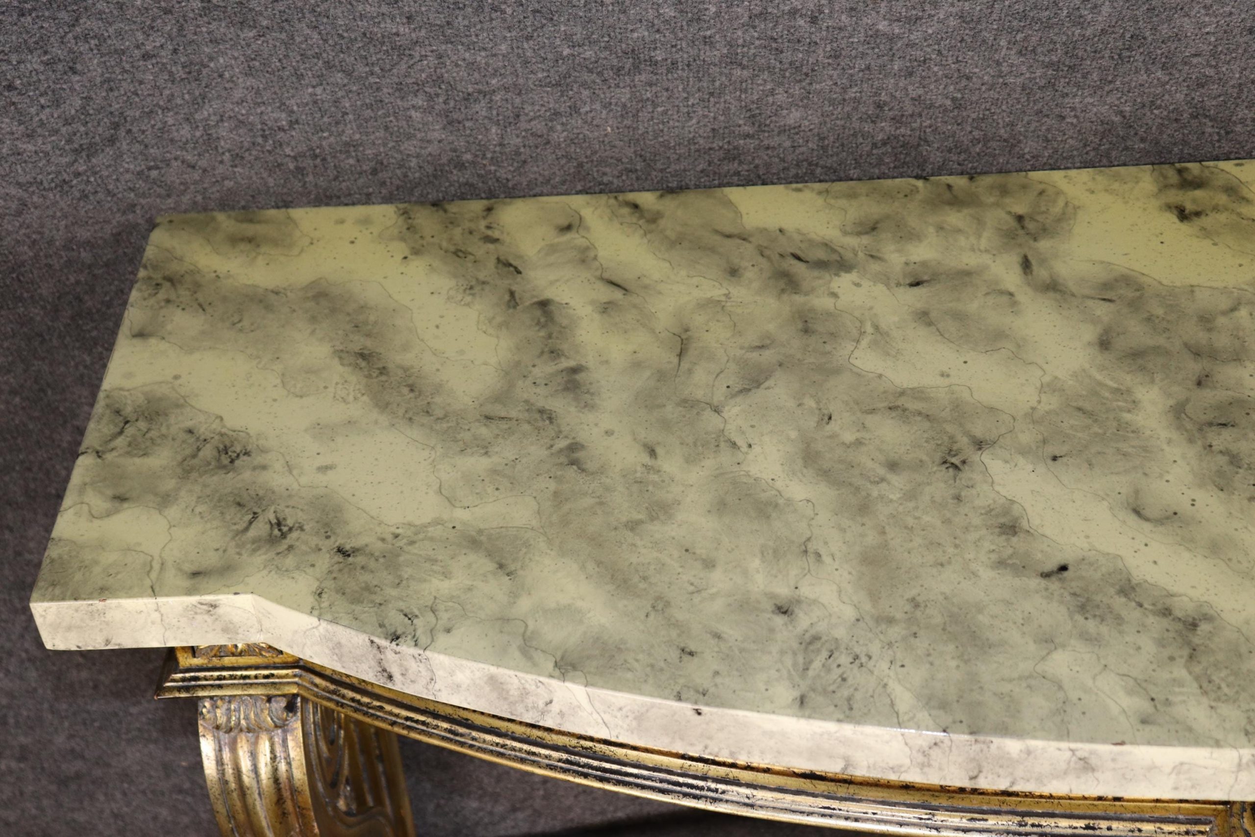 louis XVI Style Distressed Gold Gilt Faux Marble Top Wall Mounted Console Table, Entryway Table - Image 5
