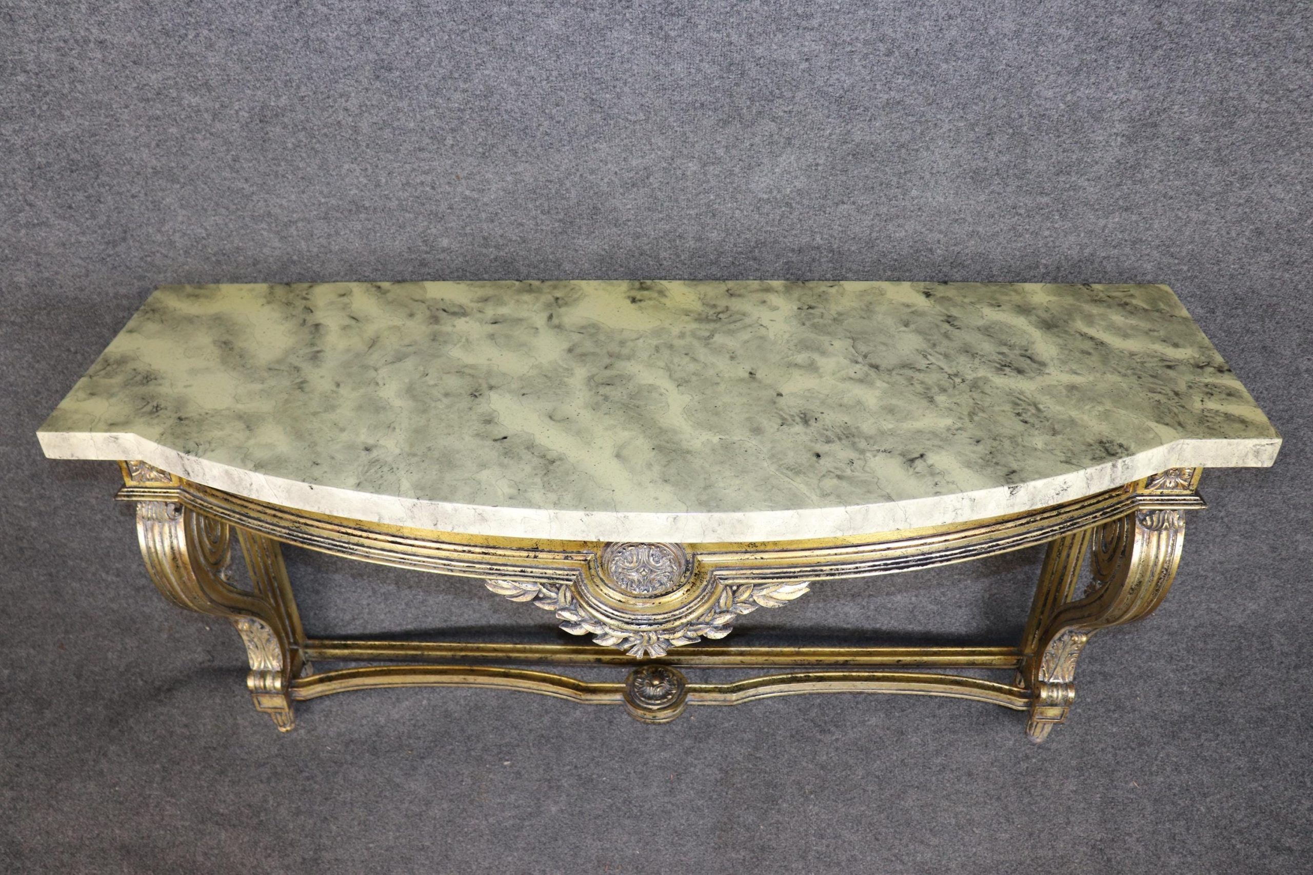 louis XVI Style Distressed Gold Gilt Faux Marble Top Wall Mounted Console Table, Entryway Table - Image 4
